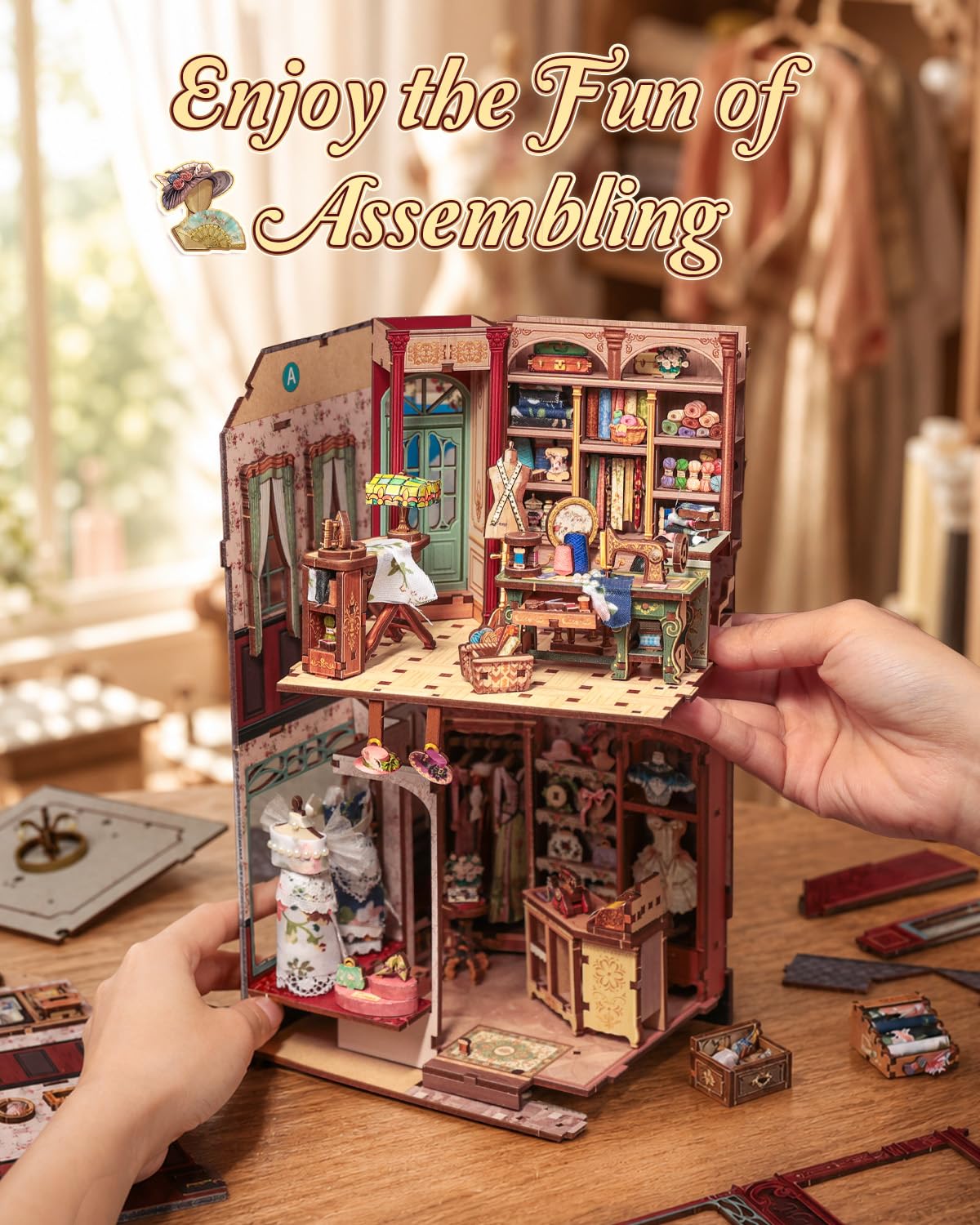 CUTEBEE Europejski sklep krawiecki w stylu retro, drewniany kącik na książki, zestaw do samodzielnego wykonania, miniaturowy dom, puzzle, model 3D, zestaw do budowania dla dorosłych, rękodzieło