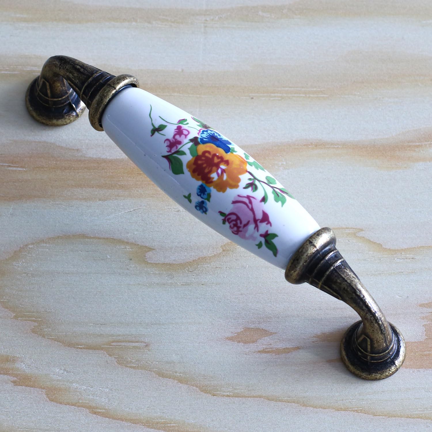 Badem10 Gerçek Porselen Kulp Çiçek Desen Beyaz 96 mm Mobilya Mutfak Kulplar Dolabı Çekmece Dolap Kapak Kulpu