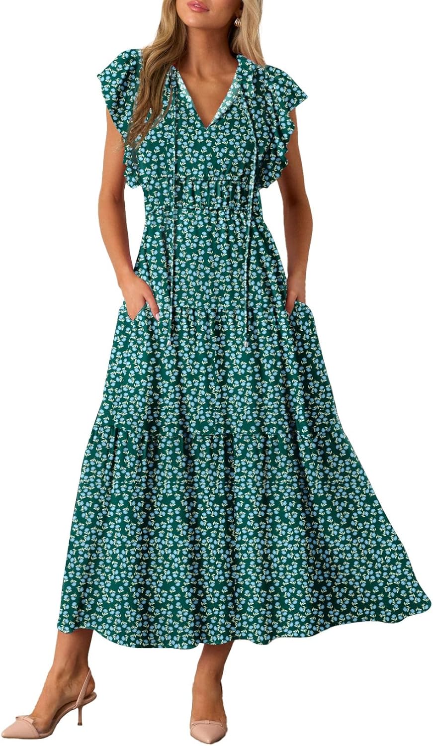 BLENCOT Womens Cotton Floral Maxi Dresses Casual Flowy Boho Dresses Summer Ruffle Short Sleeve V Neck Dress with Pockets
