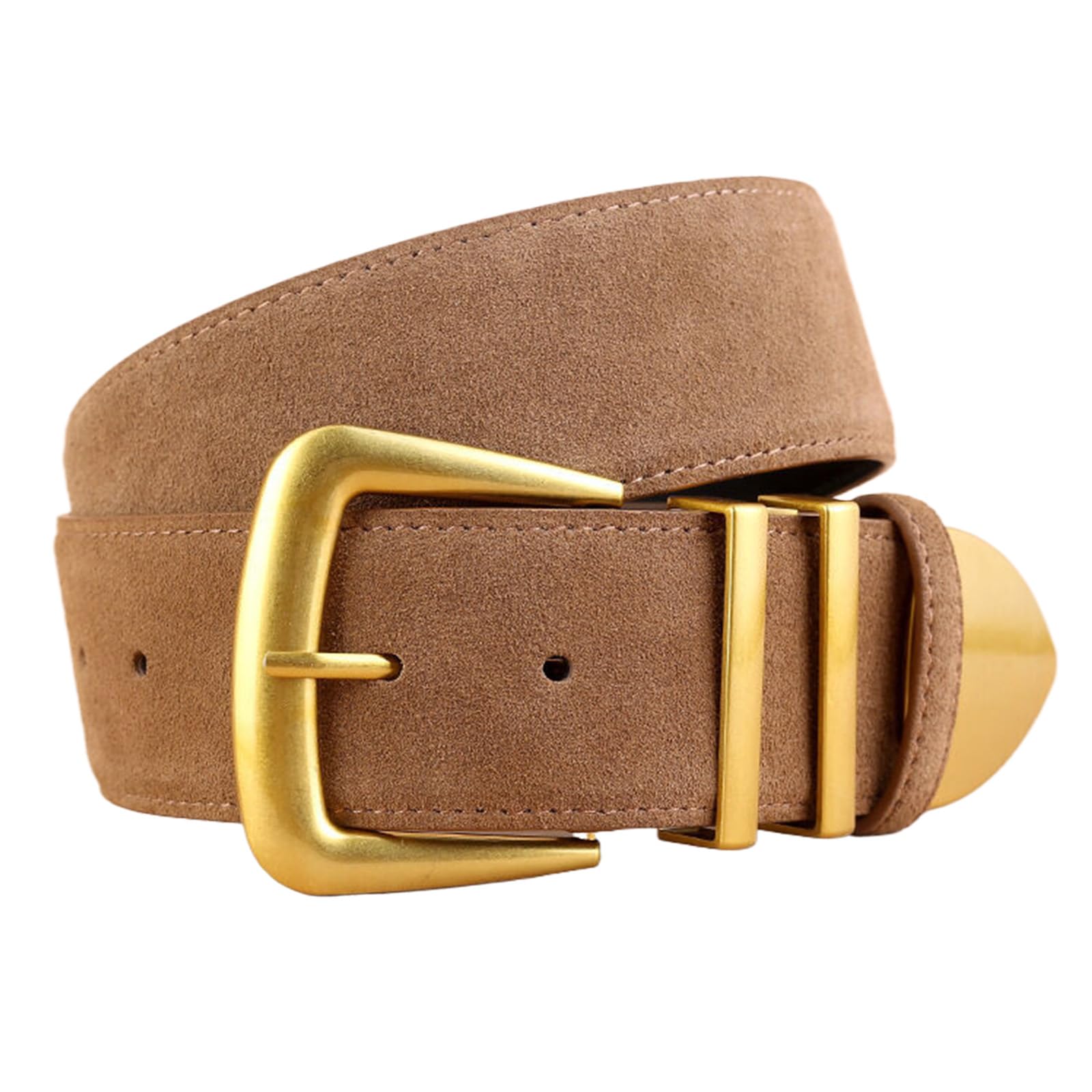 Jiary Women's A Khaki ,100Cm/39.4'',Genuine Leather Wide Belts For With Gold Buckle, Trendy Elegant Brown Suede Belt For Jeans Dress Pants Coat, Fashion Accessories