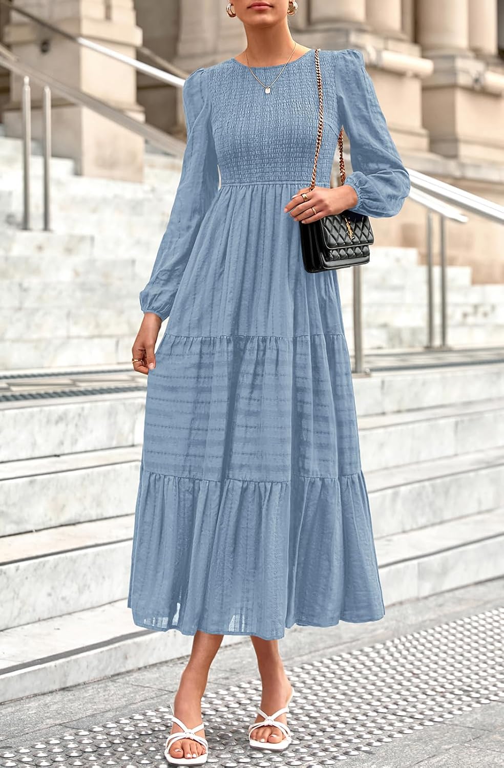 PRETTYGARDEN Womens Long Sleeve Fall Dresses Casual Crew Neck Smocked High Waist Tiered Flowy Maxi Dress with Pockets - Image 3