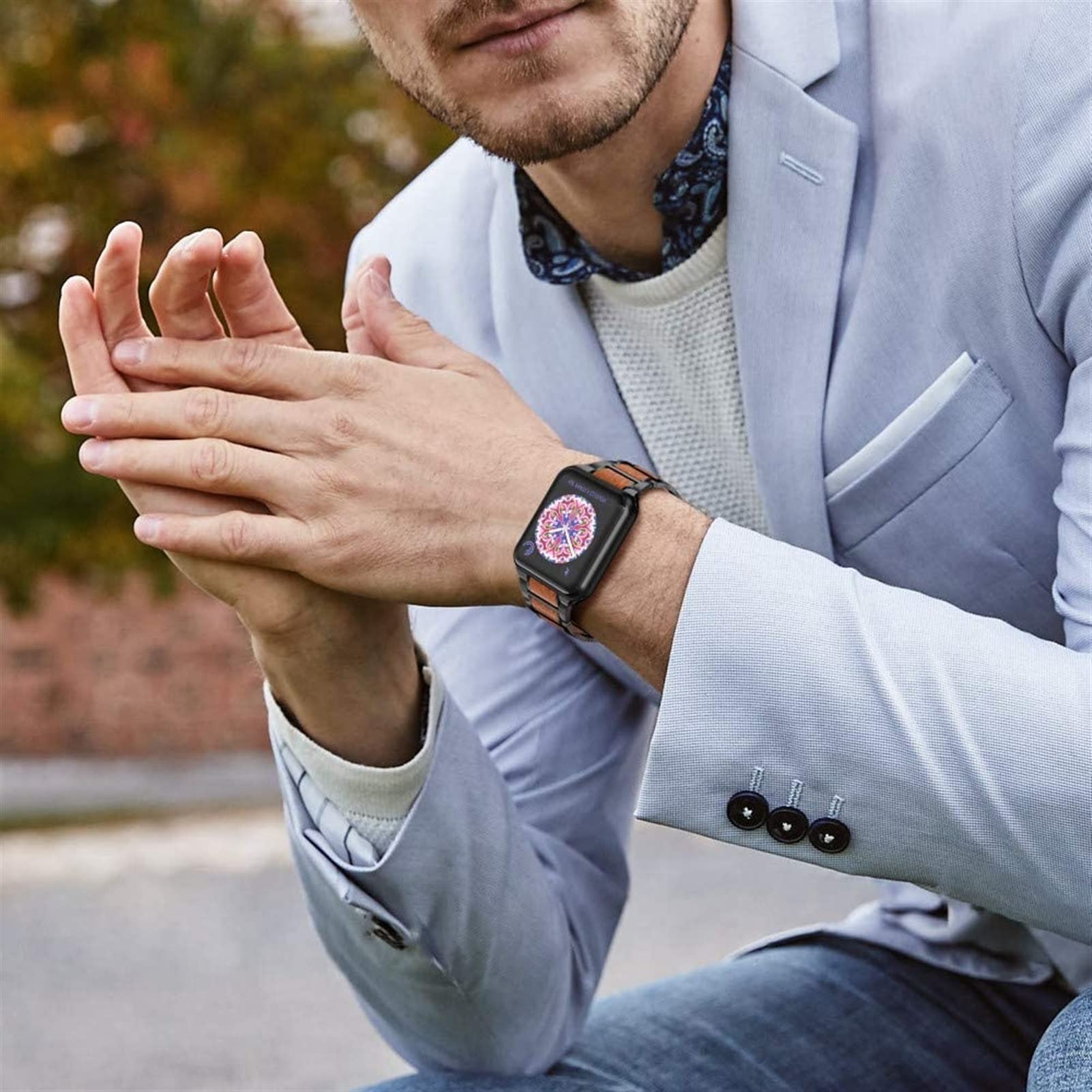 AMSH Holz-Armband für Apple Watch, 44 mm, 40 mm, 42 mm, 38 mm, Edelstahl-Armband, Correa-Gürtel für i-Watch Serie 5/4/3/SE/6/7, 45 mm, 41 mm