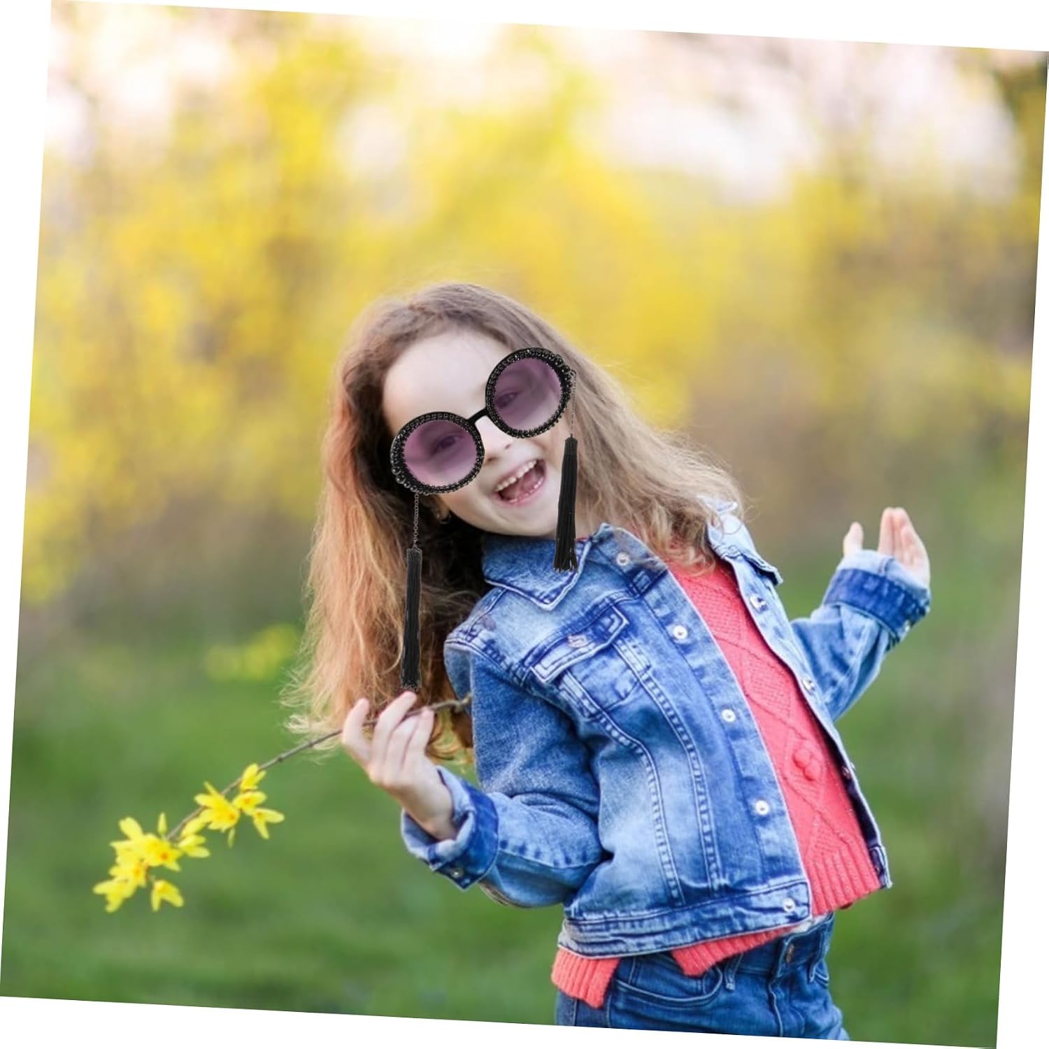 Beavorty Vintage Round Tassel Sunglasses for Party Cosplay Photo Shoot Lightweight Chic Eyewear with Pearl Rhinestone Decoration for Women Men