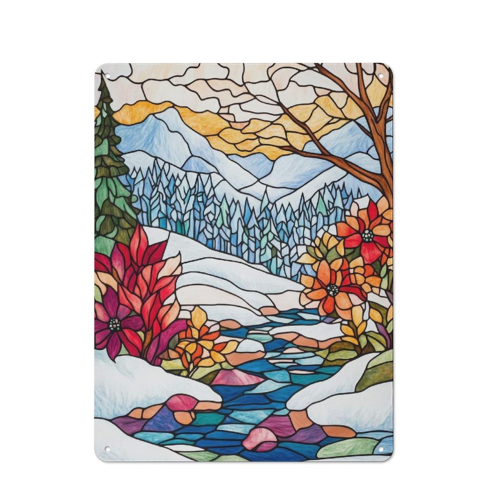 Junmoney Style-3 Metal Plaque 40X30cm With Stained Glass Winter Scene For Hallway Wall, Retro Decor, For Wall Display Collectors