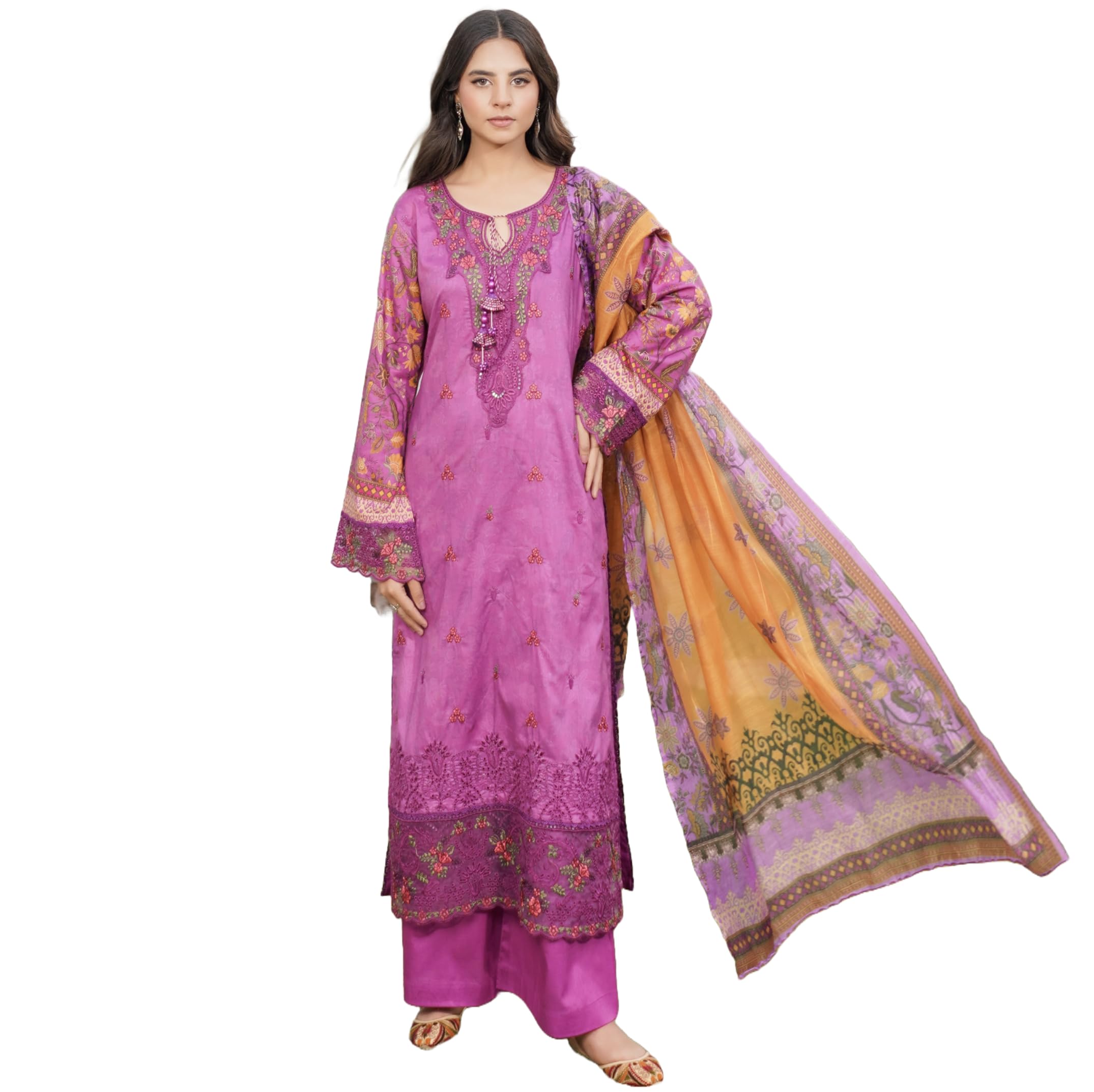 Womens Pakistani Ready to Wear Suit Embroidered Shirt Sleeves Printed Lawn Cotton Trouser Dupatta - C5D7