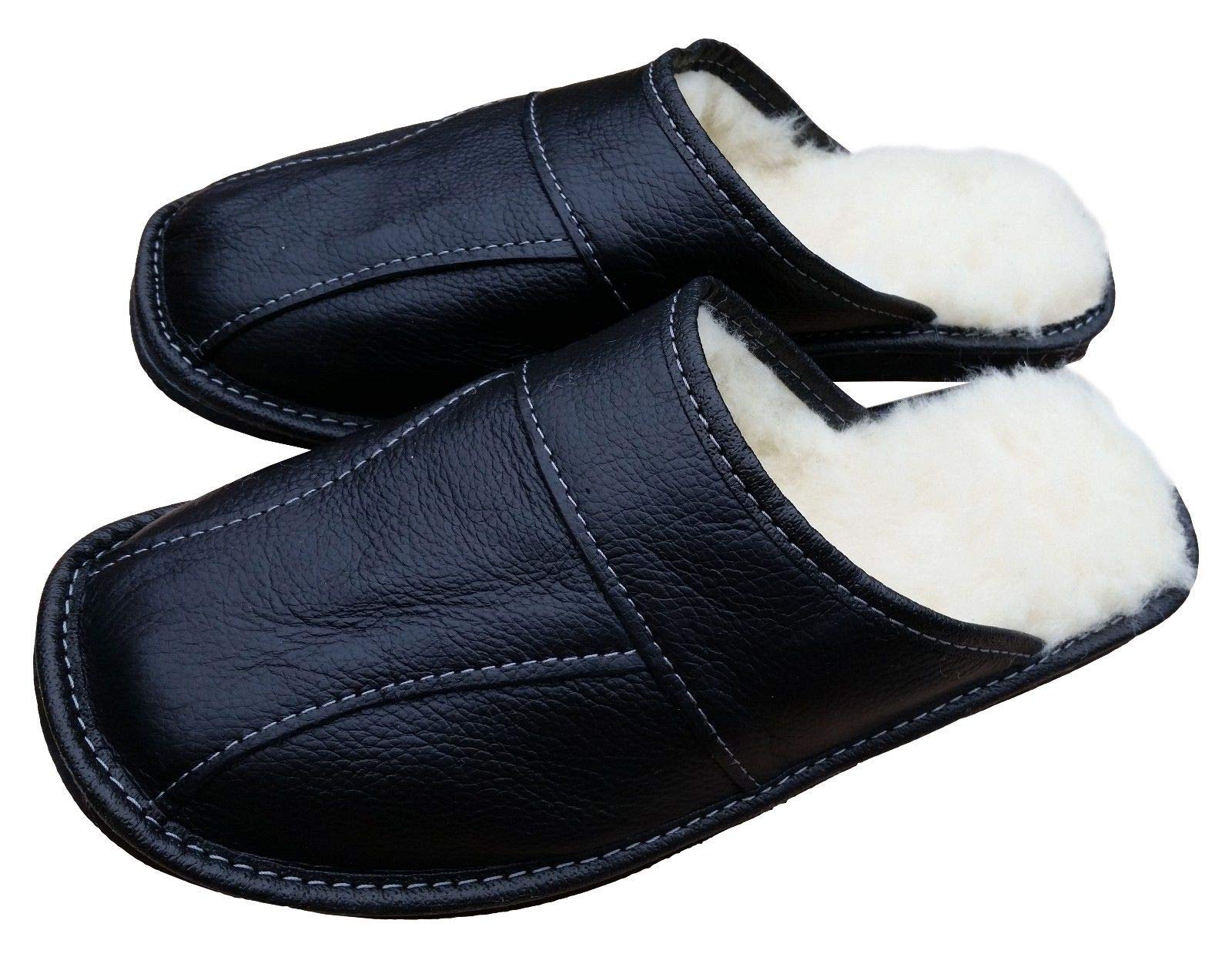 PAFOLI Mens Leather Slippers - Handmade Black Moccasins Wool Mules - Natural wool House Shoes - Many Sizes UK