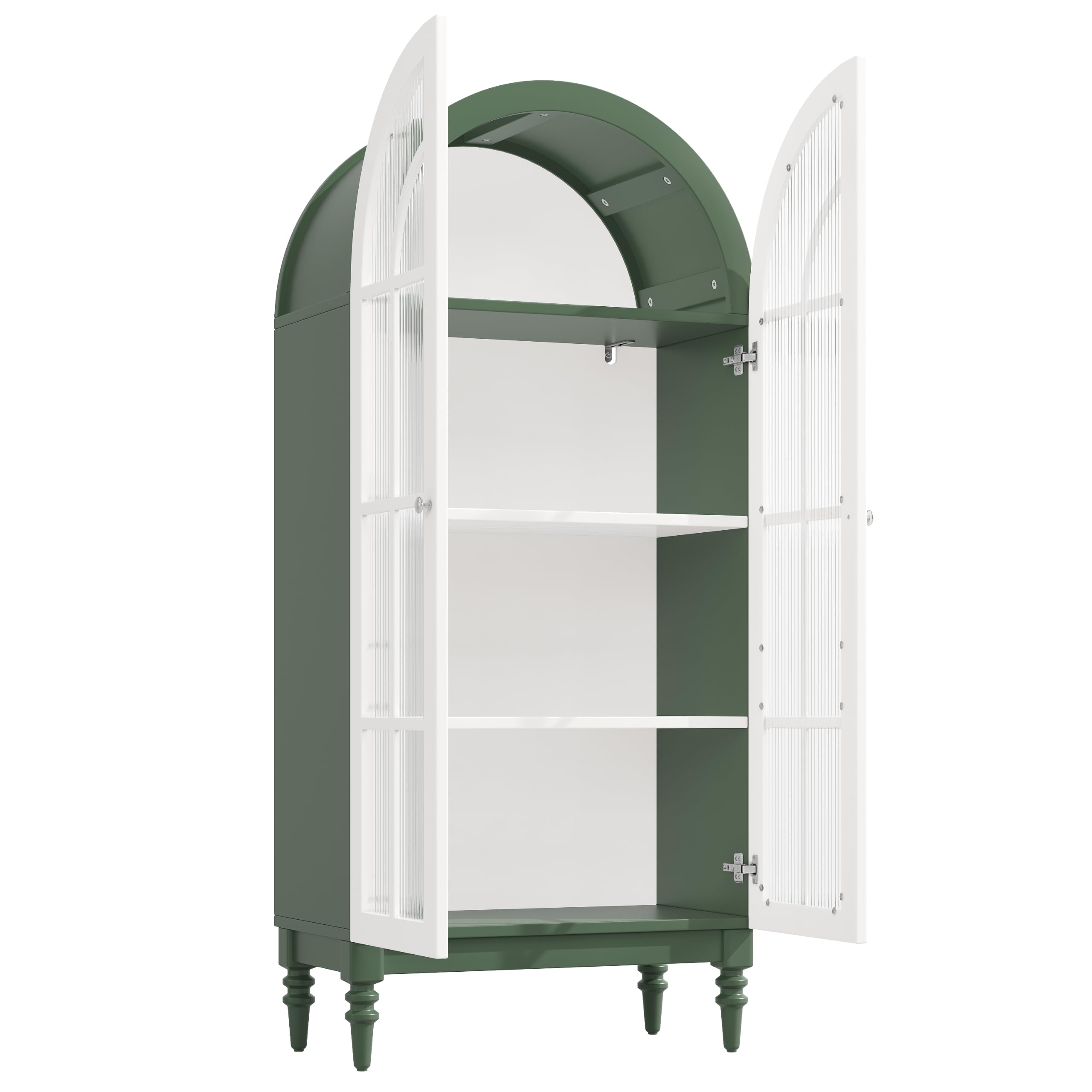 Vitrina arqueada 165 cm con puertas dobles de cristal estriado, 3 niveles, verde oscuro y blanco