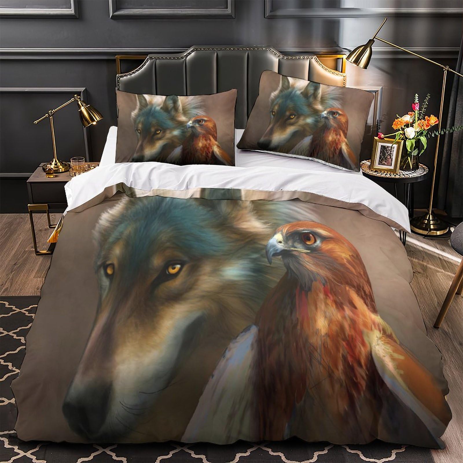 Housse de couette hypoallergique Loup et Faucon 135x200cm respirante
