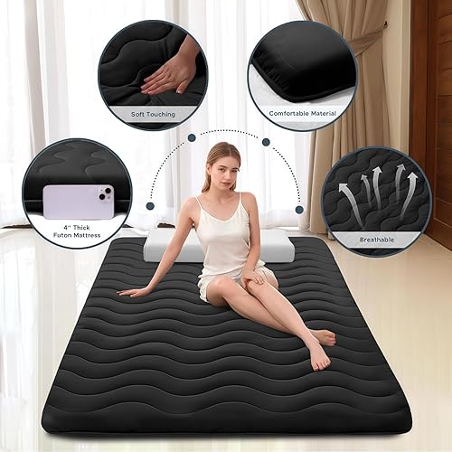 Miniatura 2 de Colchón japonés, 100 % espuma cómoda de alta densidad, colchón plegable de 4 pulgadas de grosor, tapete tatami para dormir, ideal para comodidad y
