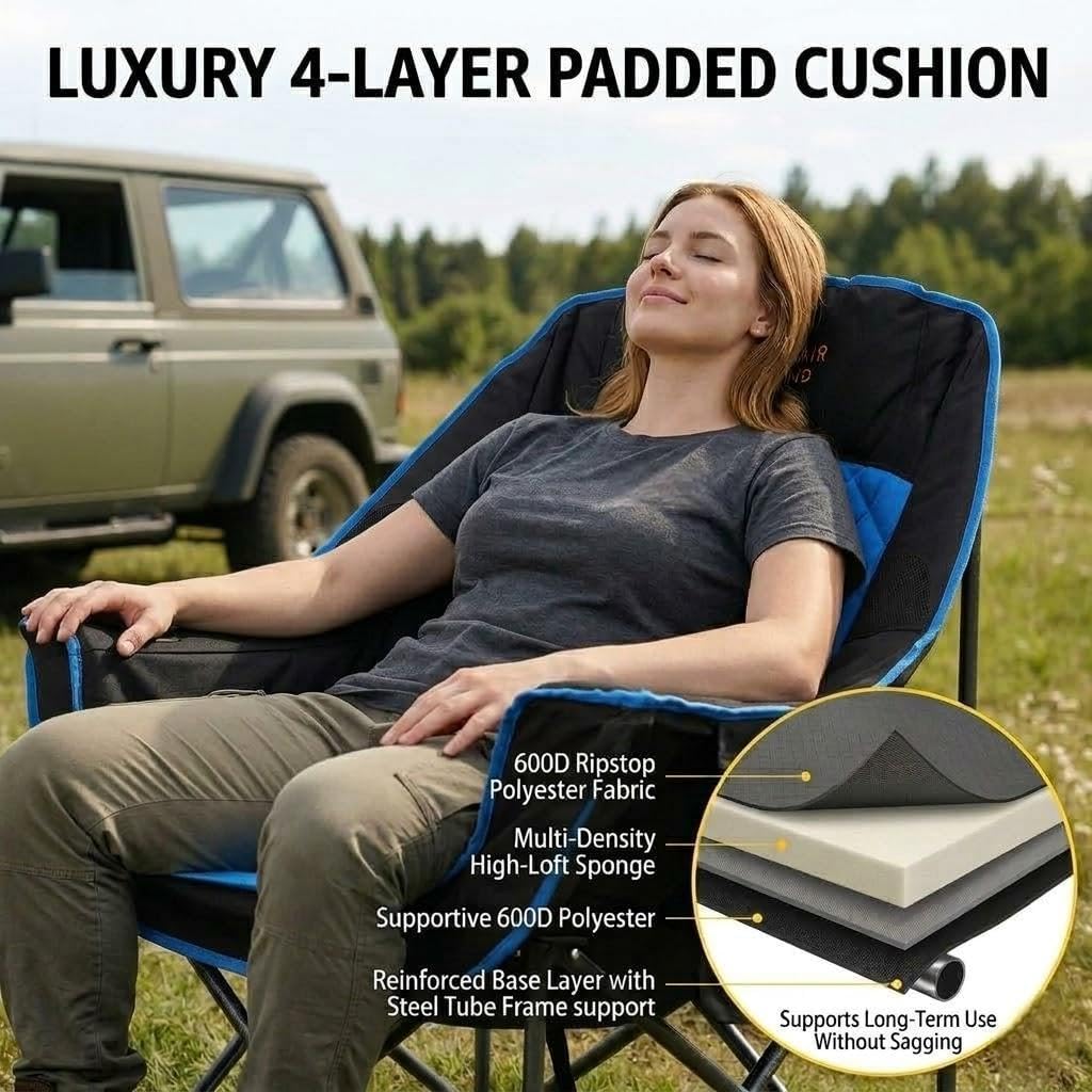 FAIR WIND Oversized Padded Camping Chair Heavy Duty Quad Fold Arm Chair Portable for Outdoor - Support 500LBS, Blue
