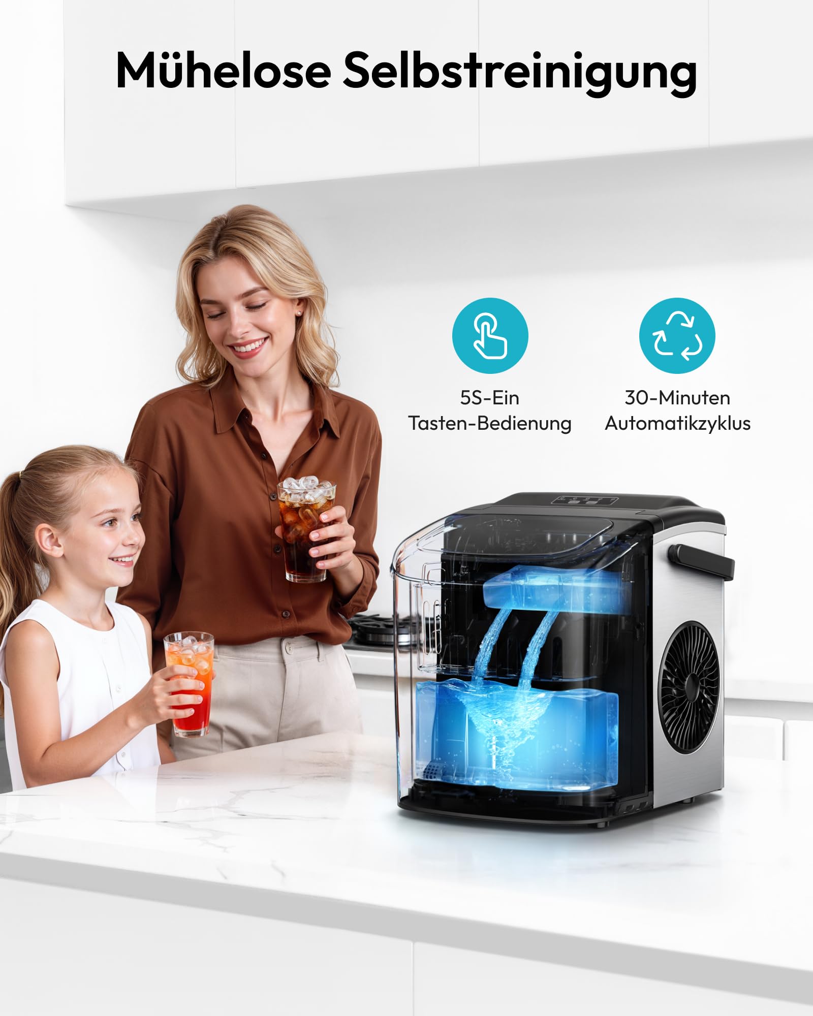 EUHOMY Eiswürfelmaschine Klein, 9 Eiswürfel in 6 Minuten, 12 kg/24H, Eiswürfelmaschine Edelstahl mit Tragbarem Griff, Selbstreinigender Kompakter Eiswürfelmaschinen für Zuhause/Küche/Büro/Bar