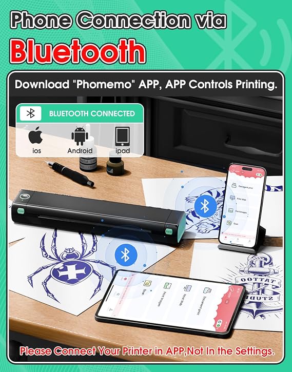 Phomemo M08F Tattoo Printer Copier Tattoo Machine Transfer Machine Tattoo Machine Thermal Tattoo Machine Mobile Printer Tattoo Machine Set with 10 Tattoo Transfer Papers Included Bluetooth Connection