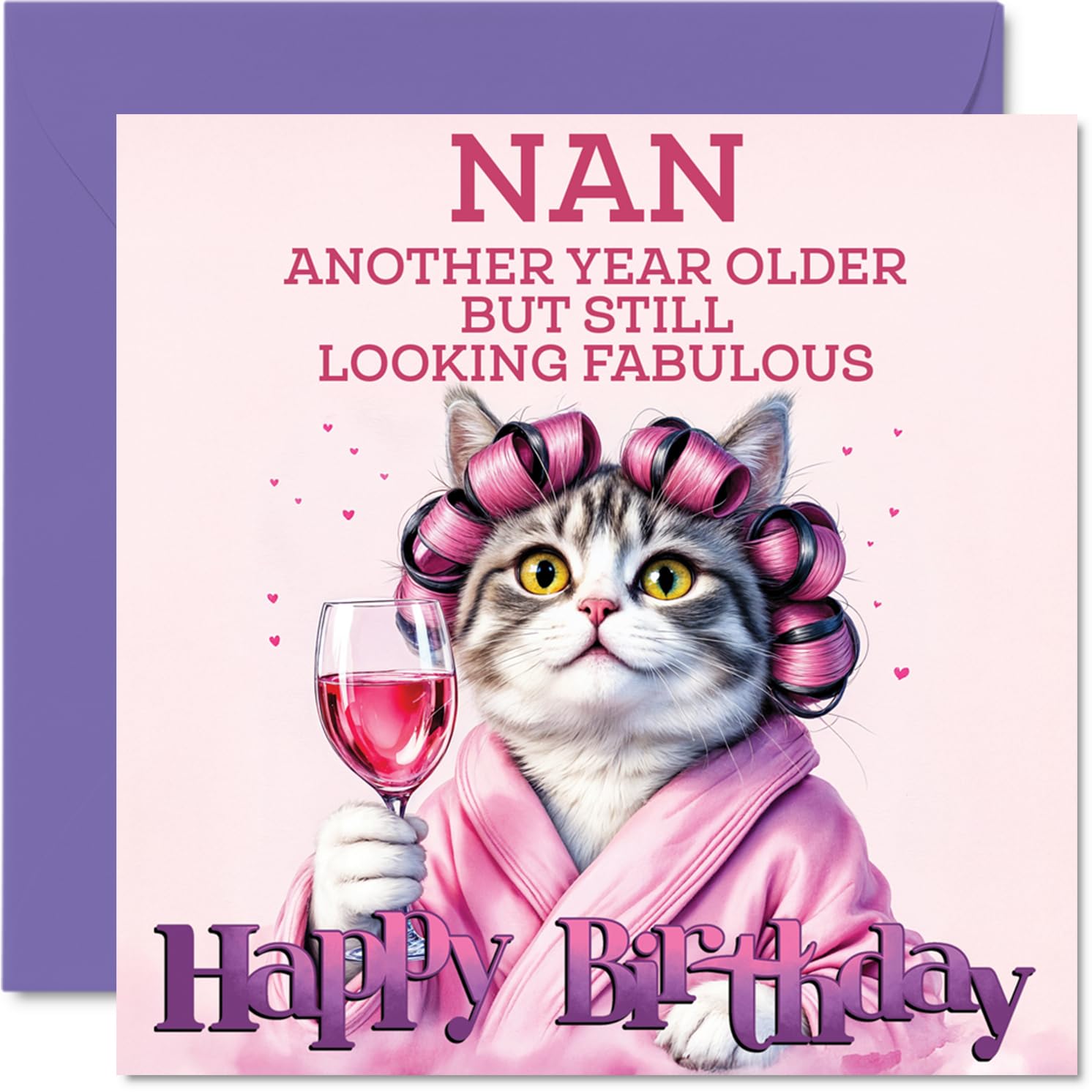 Nan Birthday Card - Curler Cat - Happy Birthday Card for Nan from Grandson Granddaughter, 145mm Curler Cat Bday Greeting Cards