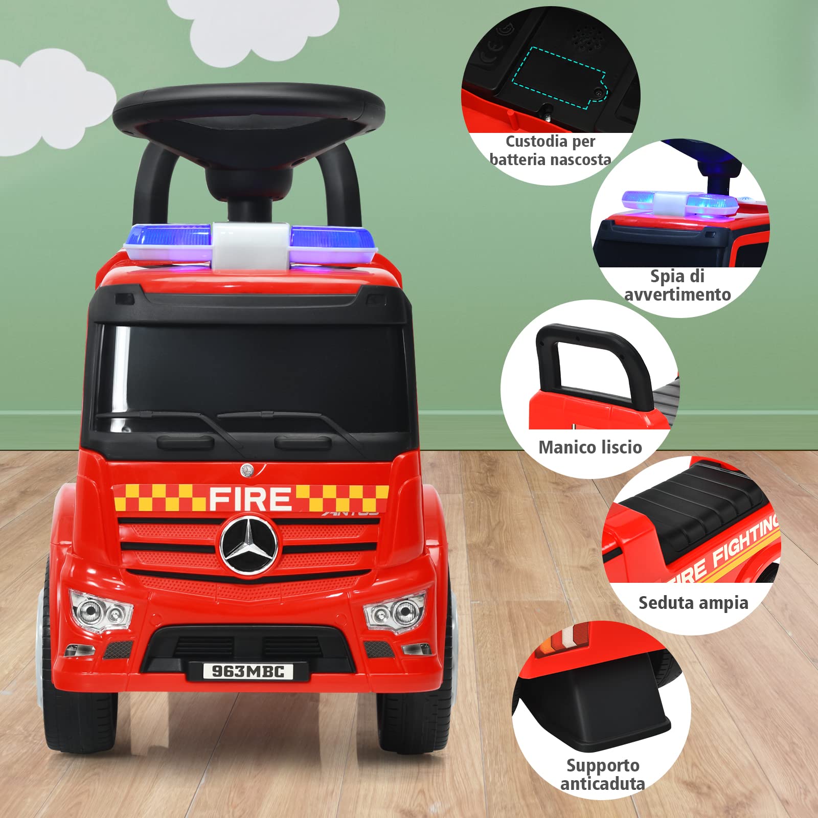 RELAX4LIFE Camion dei Pompieri cavalcabile per Bambini, Girello con Faro e Faro Girevole, con Clacson, Maniglia e Schienale, Spazio di stivaggio, per Bambini da 12 a 36 Mesi, Portata 25 KG