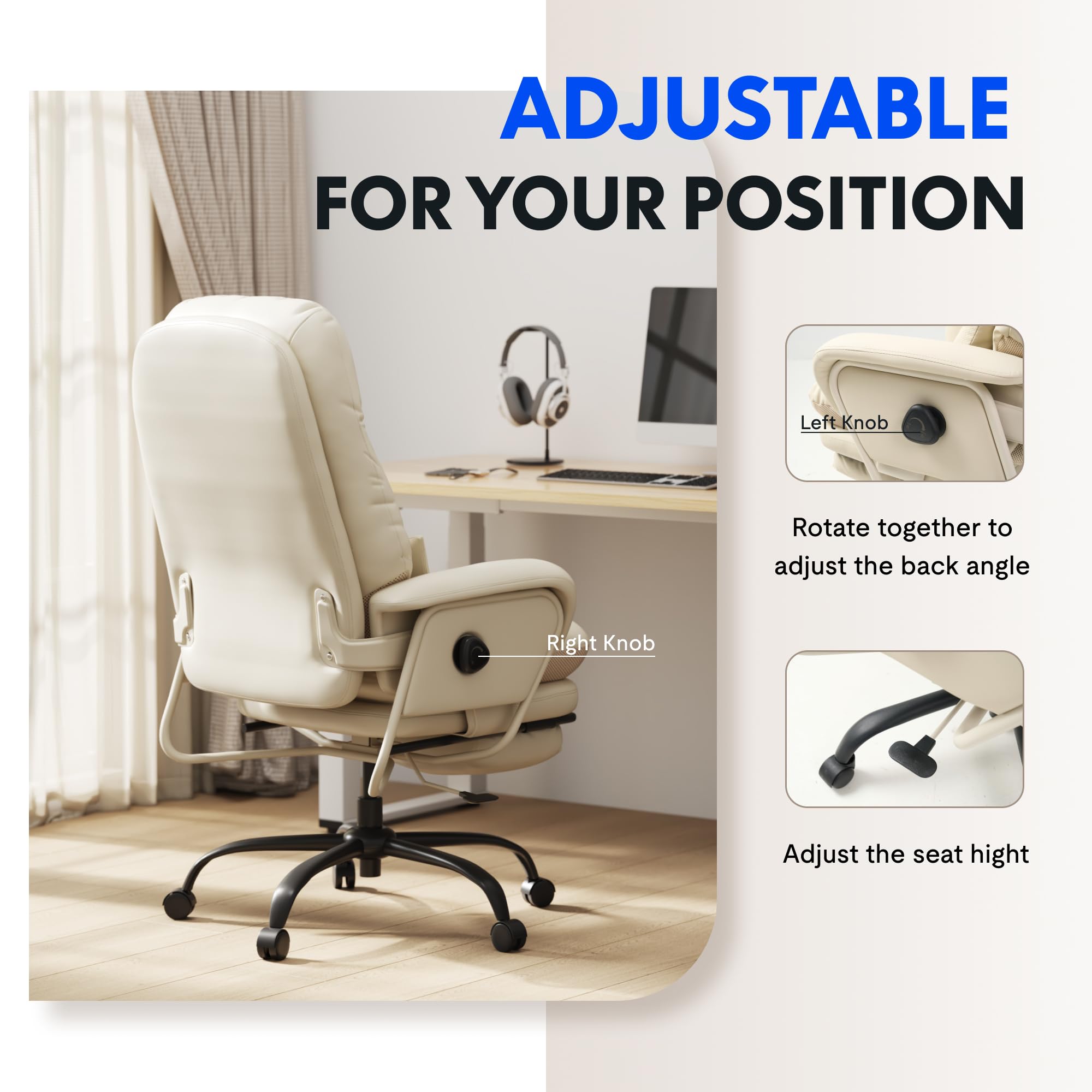 FLEXISPOT Luno 2-in-1 Chefsessel Bürostuhl mit Fußstütze & Lendenstütze, 90–165° verstellbar, für Büro, Wohnzimmer zum Arbeiten und Entspannen, kratzfestes & wasserabweisendes Kunstleder, Beige