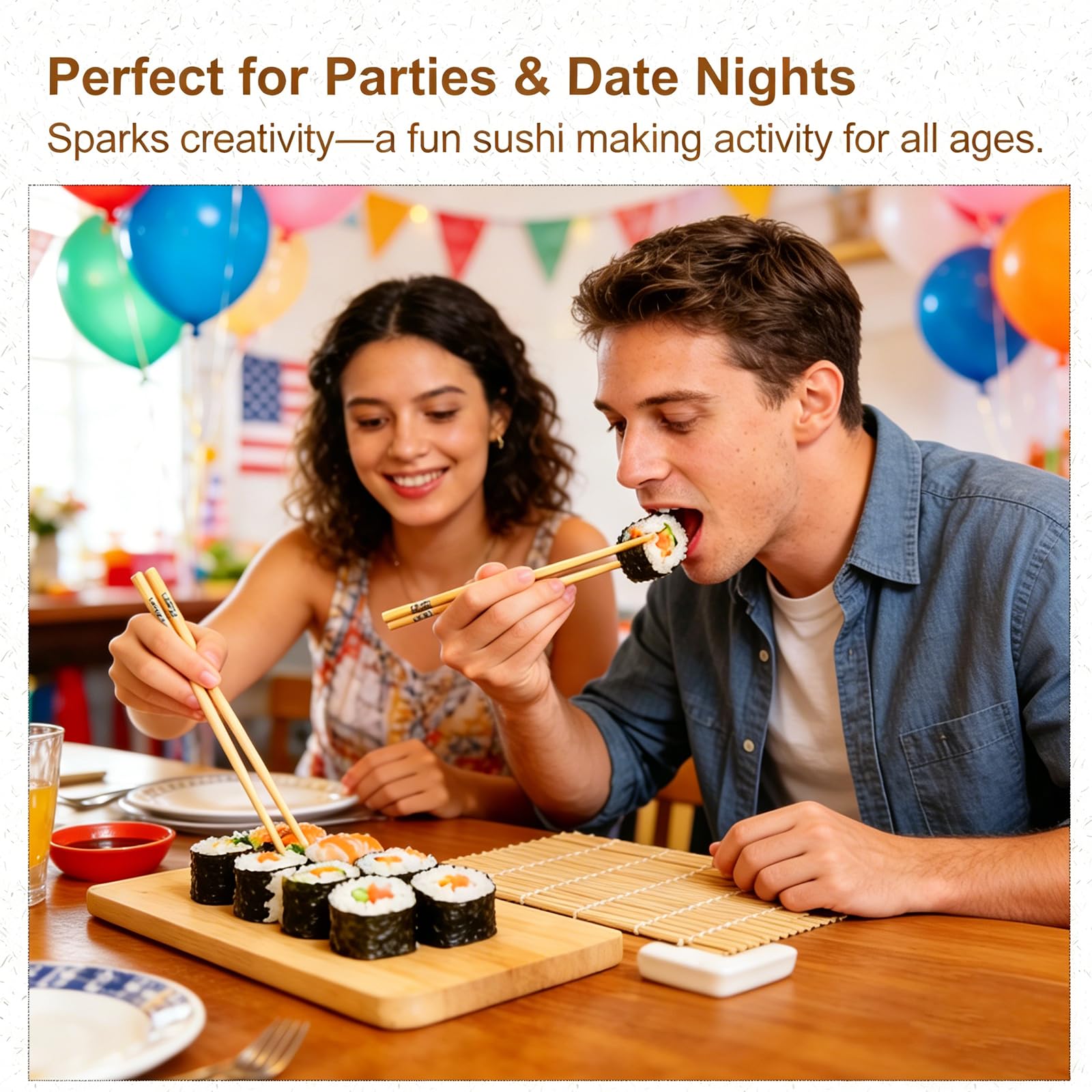 Bamboo Sushi Making Kit for Beginners, 9 Piece Sushi Rolling Mat Set with Chopsticks, Traditional Sushi Roller Kit & Sushi Maker, Cooking Kit for Adults, Family DIY & Date Night Gift