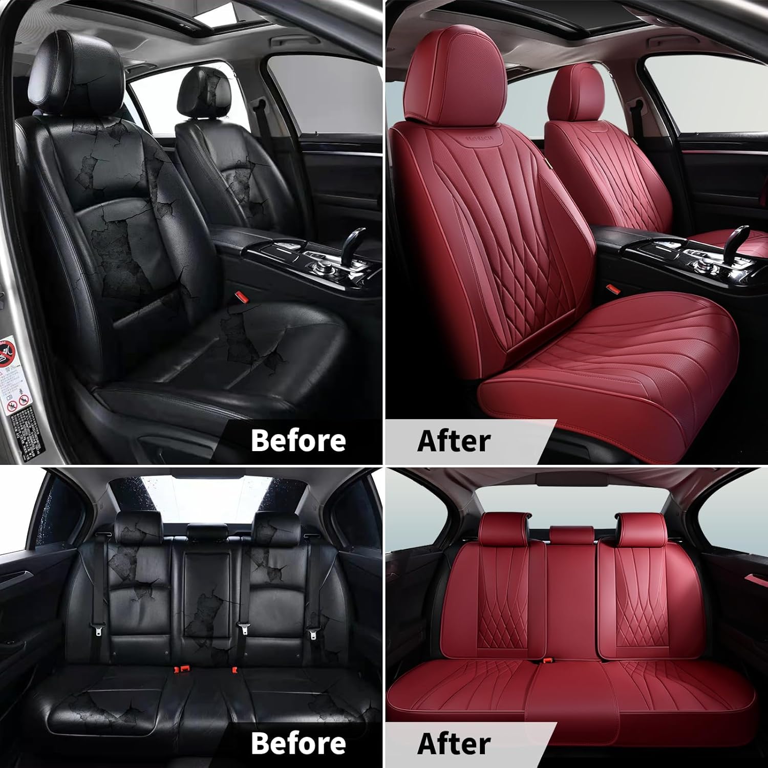 FLORICH Universal Seat Covers, 2-Seater Waterproof Nappa Leather Car Seat Covers, Automotive Seat Covers Car Seat Protector Fit for Most Cars - Red