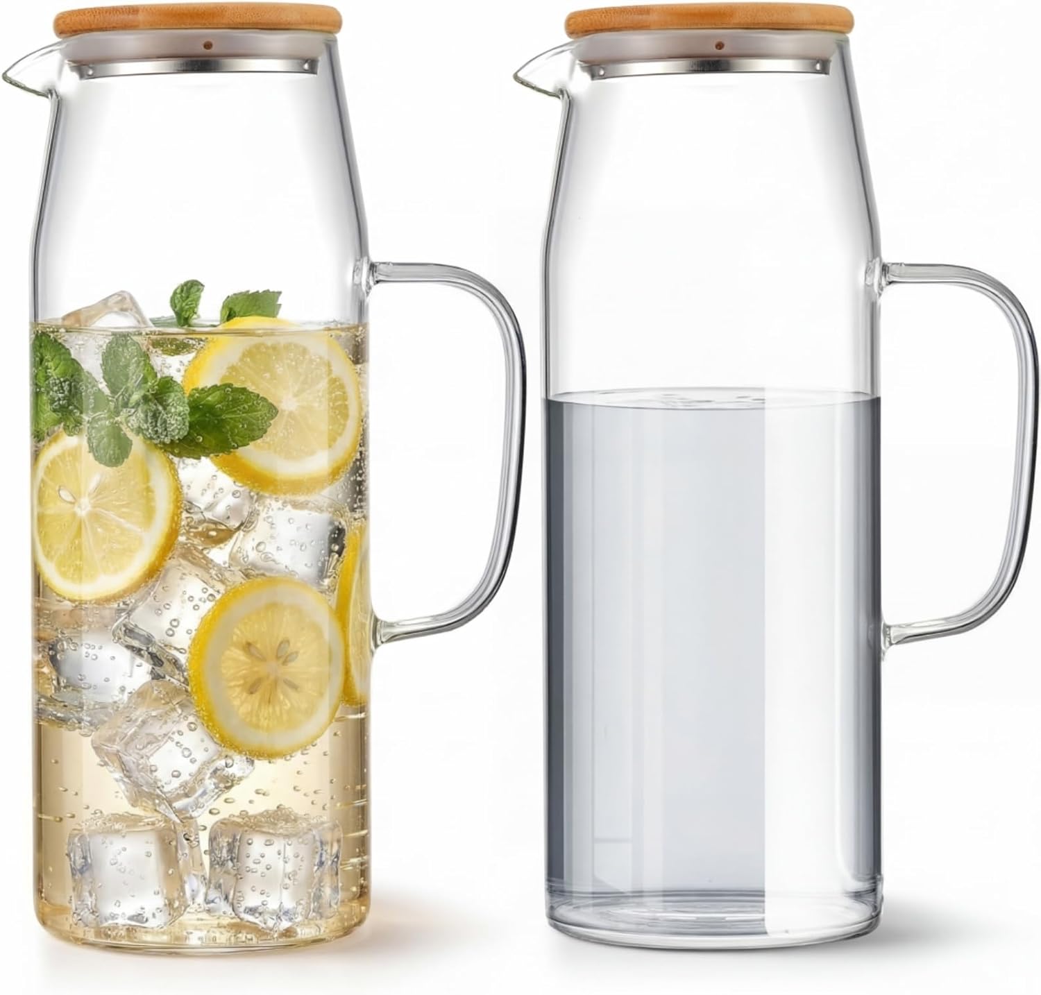 Hsei 2 Sets Glass Pitcher with Lid, 67.6 oz / 2000 ml Water Carafe with Handles Hot Cold Beverage Water Jar Glass Jug for Tea Juice Milk Coffee Iced Beverage(2l)