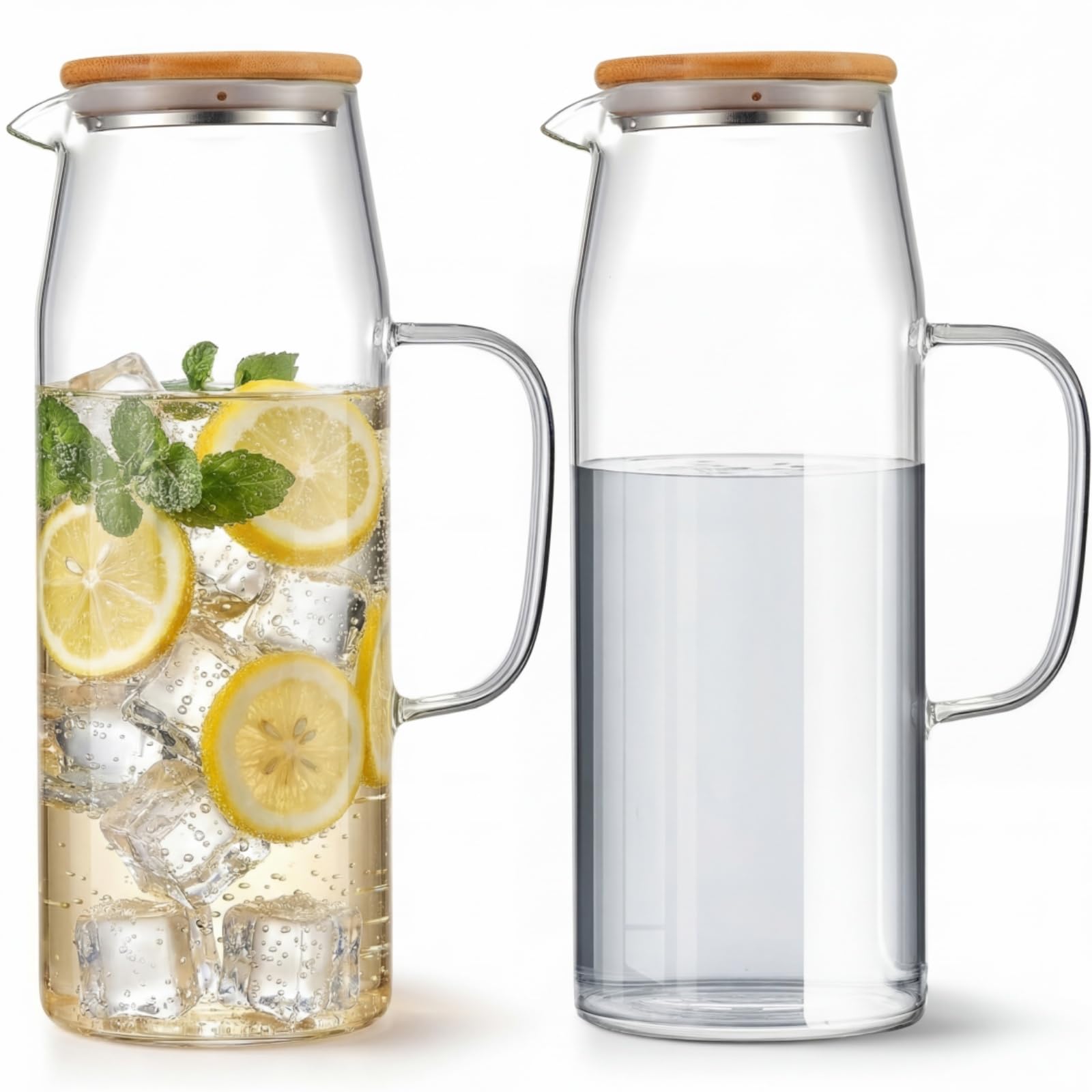 Hsei Set di 2 brocche in vetro con coperchio, 2000 ml, caraffa per acqua calda e fredda, brocca in vetro per tè, succo, latte, caffè, bevande ghiacciate (2 l)