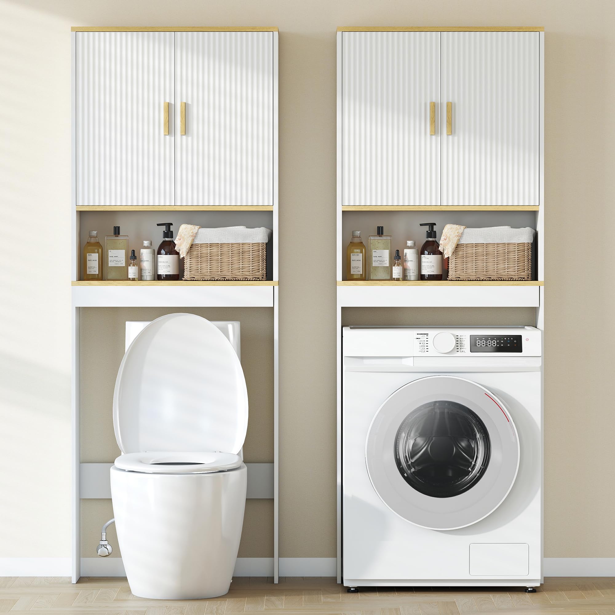 HOMCOM Estantería para Baño sobre Inodoro, Mueble Organizador de Baño de 3 Niveles con Estante Abierto, 2 Puertas y Estante Ajustable, 64x20x170,5 cm, Blanco