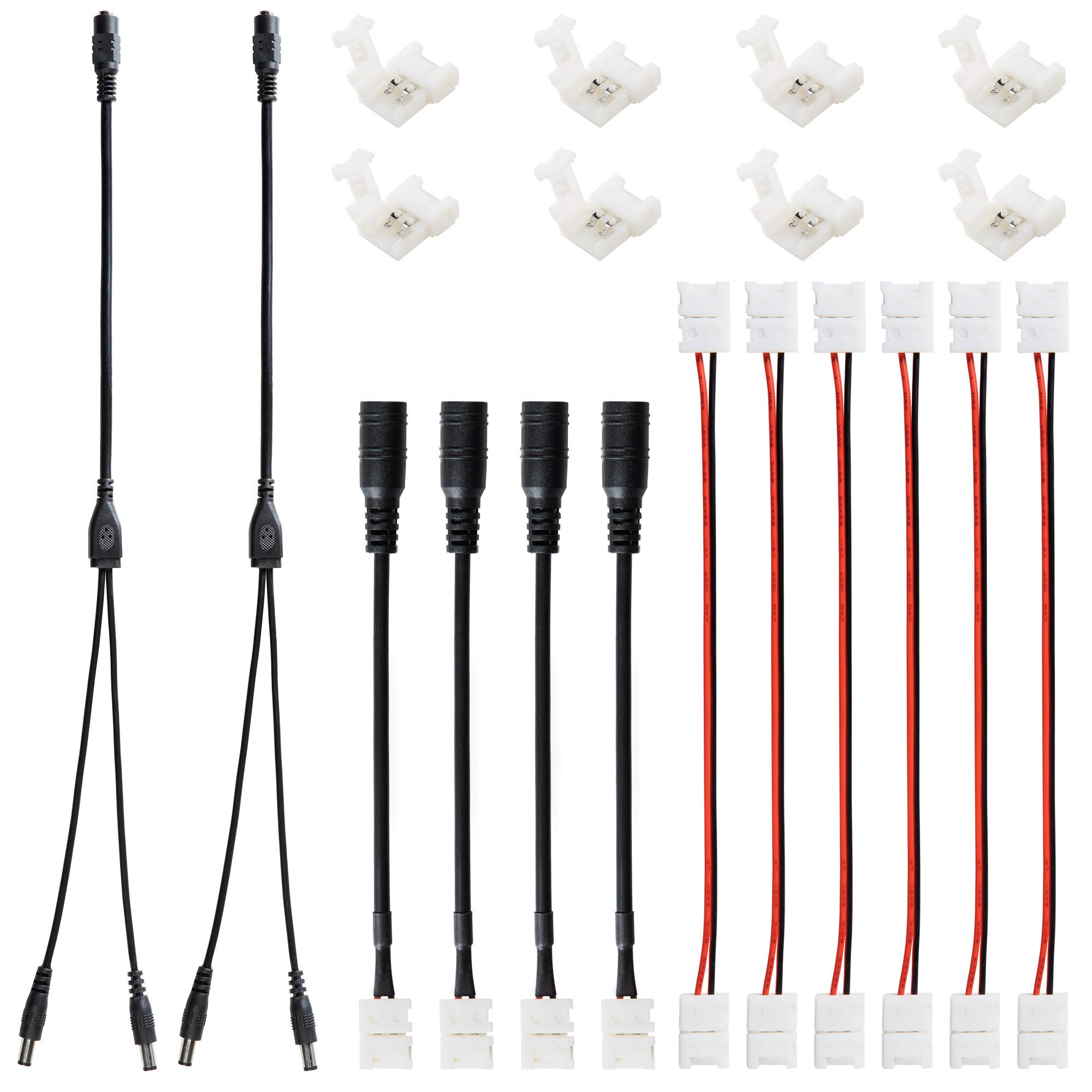 LED Strip Connector, OSGP 2Pin 8mm LED Connector Kit, Comes with Solderless Gapless Connector, 6Inch Jumper Connector, DC Female and Connector, DC Jack Splitter for 3528 5050 LED Strip