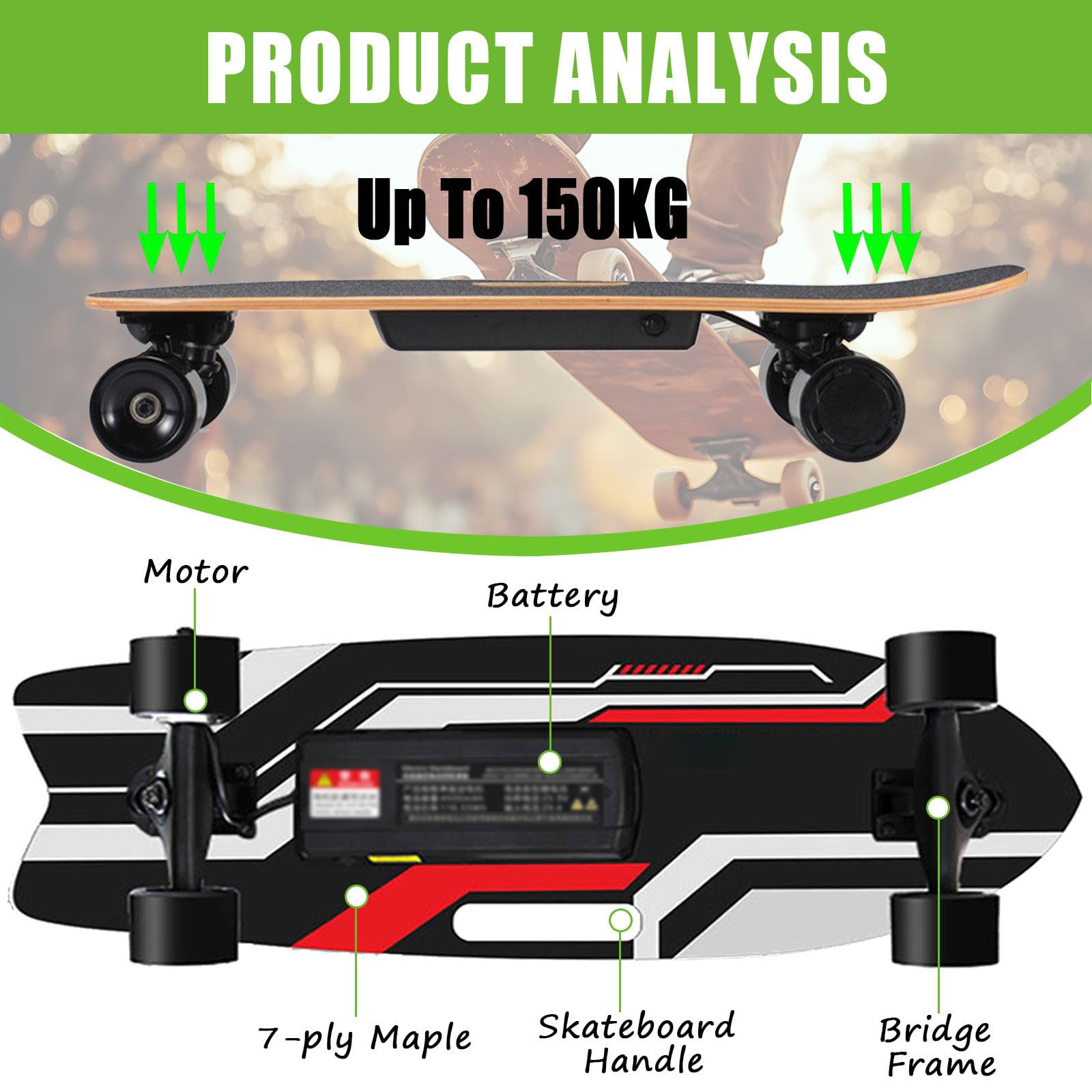 Skateboard électrique, Longboard,Skateboard électrique avec télécommande Commandes adaptées aux débutants, avec Moteur hub Simple/Dual, Vitesse maximale de 22-40 km/h Single-Drive-15km