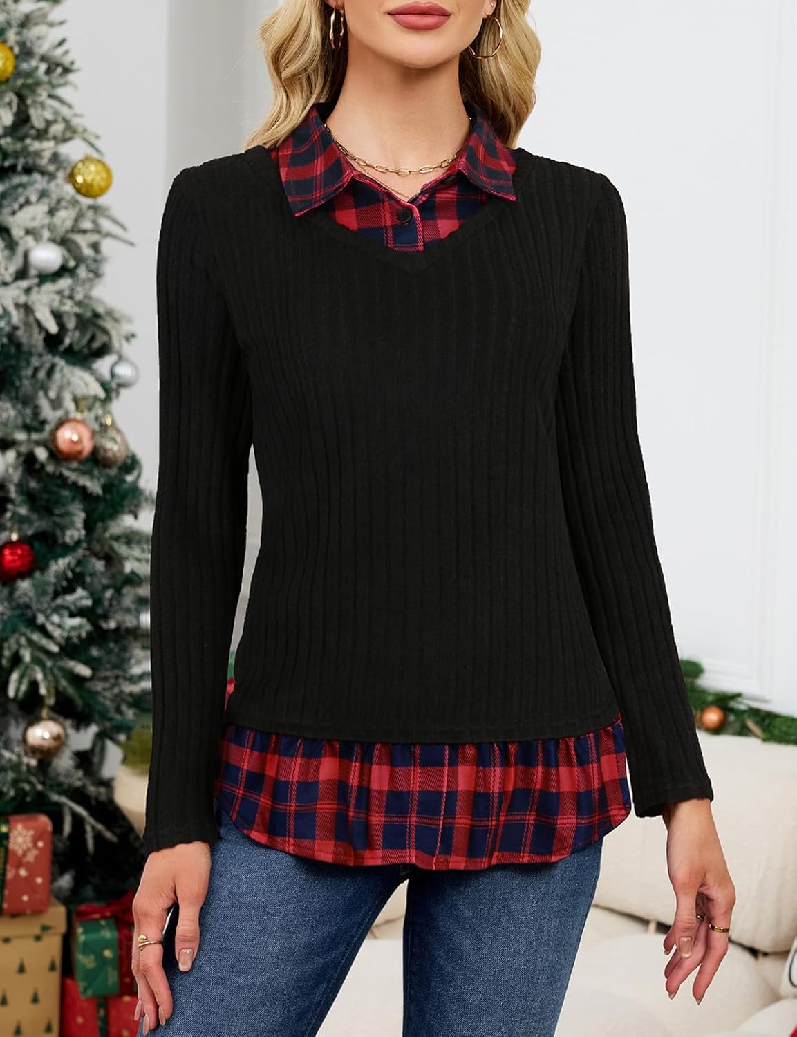 Collared Sweaters for Women Long Sleeve Shirt Sweater Combo Twofer Tops 2 in 1 Plaid Patchwork Layered Shirts - Image 4