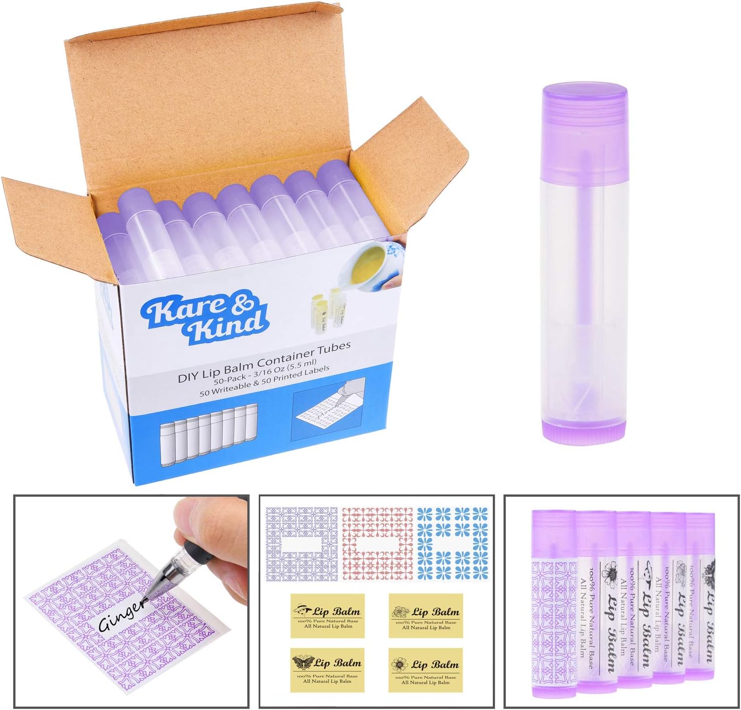 Lip Balm Container Tubes - BPA Free - 50-Pack - DIY - Purple - 3/16 Oz (5.5 ml) - Including 50 Writeable (Purple) & 50 Printed Lip Balm Stickers - Twist Mechanism and a Cap - Empty - Make Natural Lip Balm (50 Pack, Purple) - Image 2