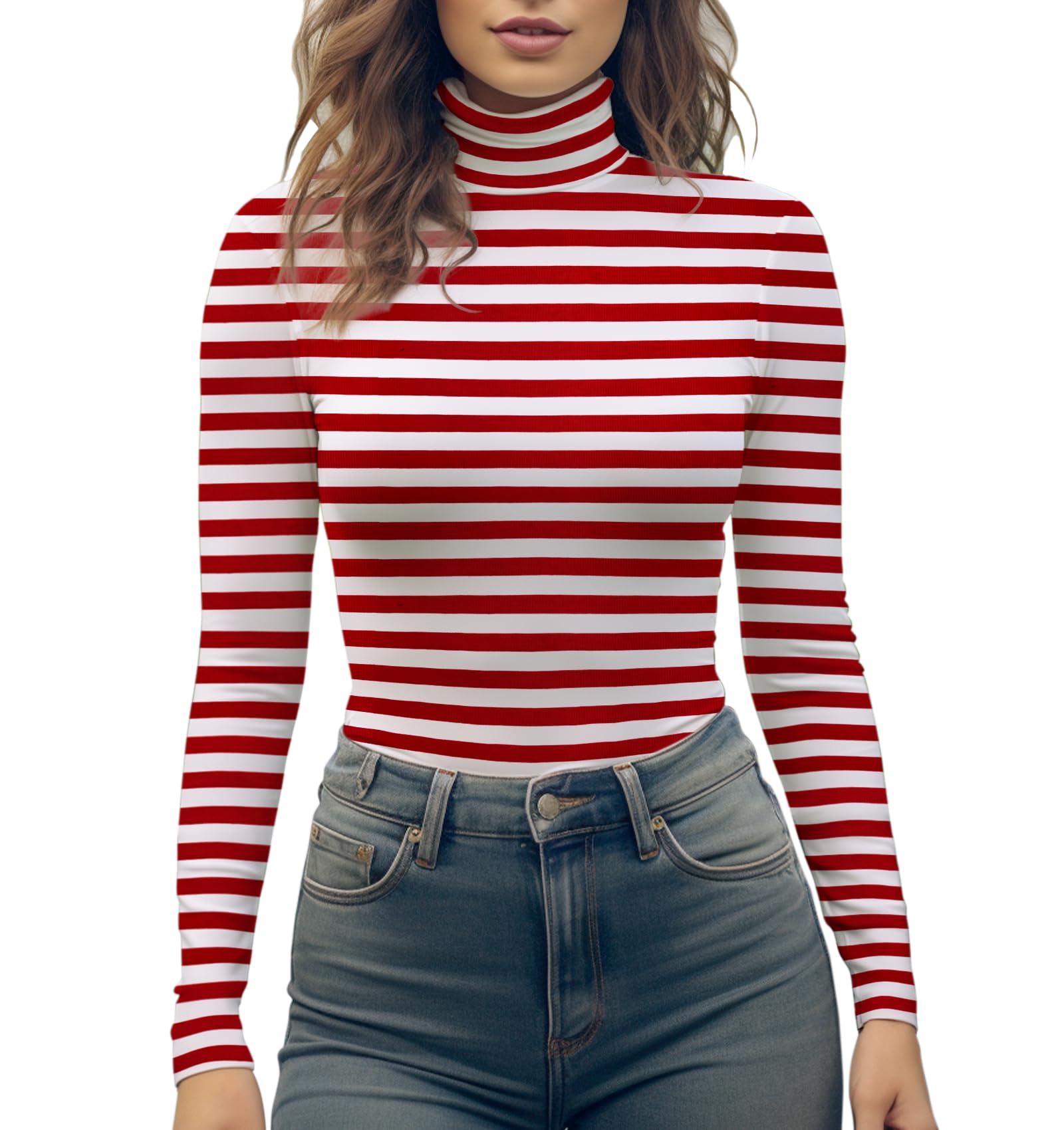 YumiDayWomen's Turtleneck Long Sleeve Top, Striped Turtleneck Shirt Baselayer Ribbed Stripe Slim Fitted Tee Stretchy