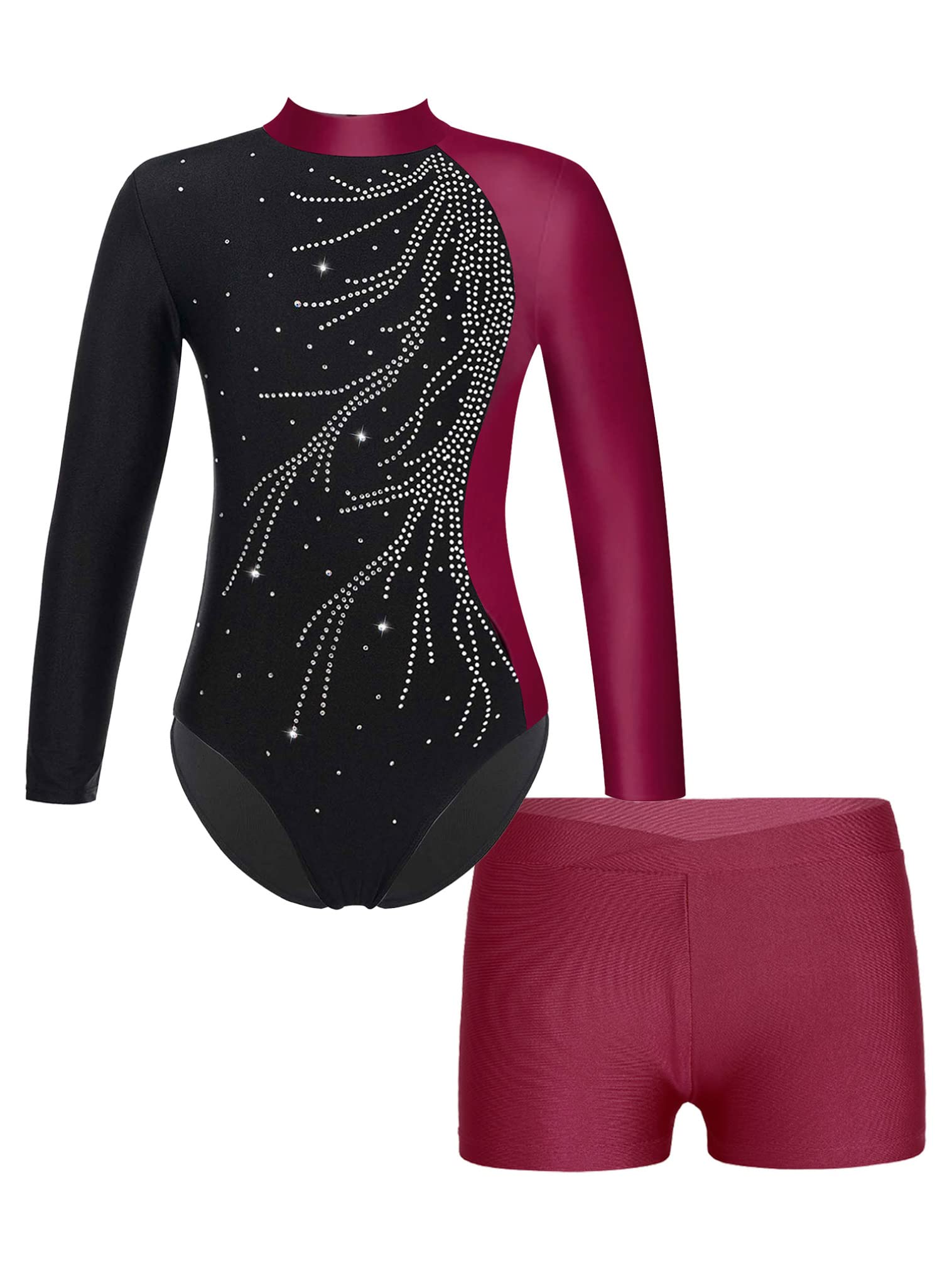 FEESHOW Kinder Gymnastikanzug Mit Hose – Langärmeliges Glitzer-Turntrikot Für Mädchen, Inklusive Shorts, Ideal Für Wettkampf, Ballett Und Tanz
