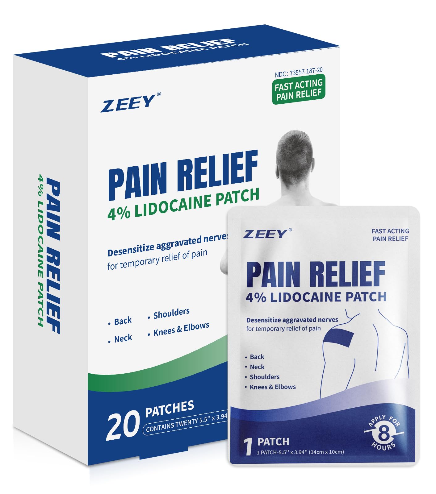 ZEEY 4% Lidocaine Pain Relief Patches Maximum Strength OTC, 20Ct