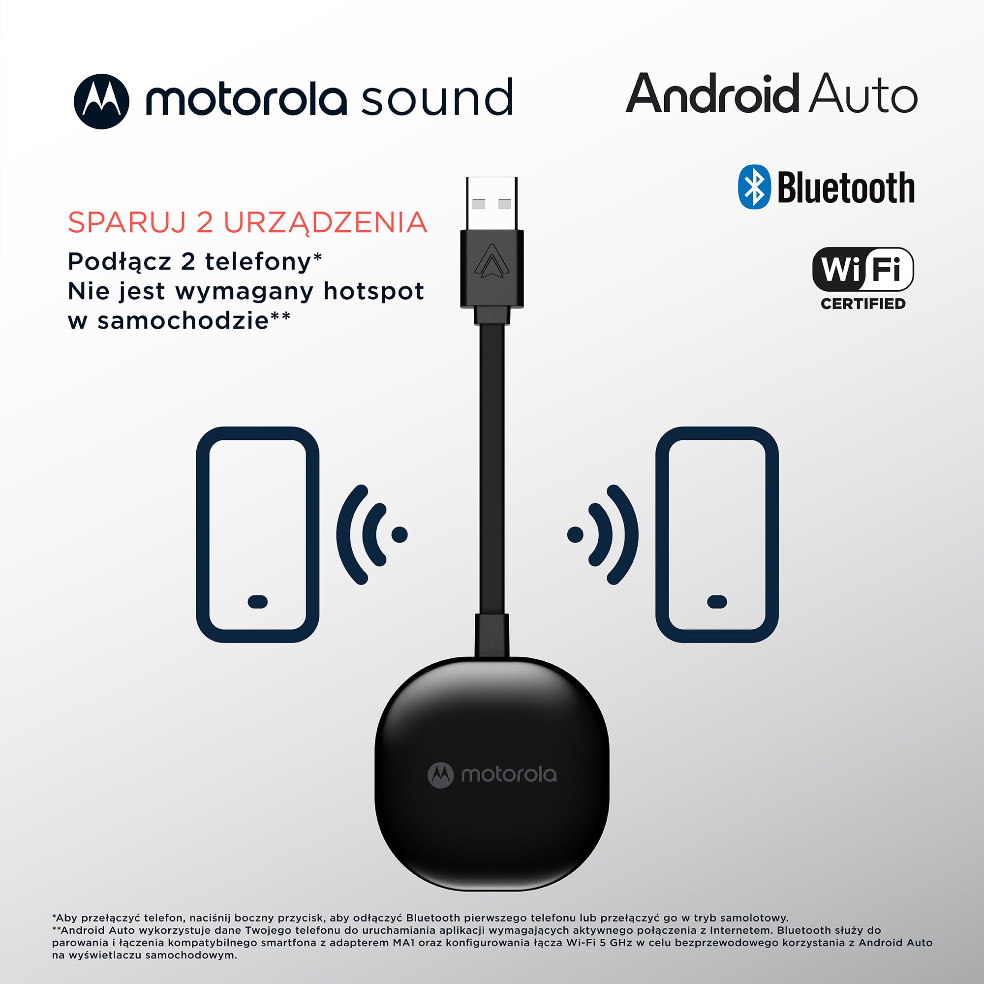 Motorola Sound MA1 - jedyny autoryzowany przez Google bezprzewodowy adapter samochodowy z systemem Android, natychmiastowe połączenie ze smartfona z ekranem samochodu