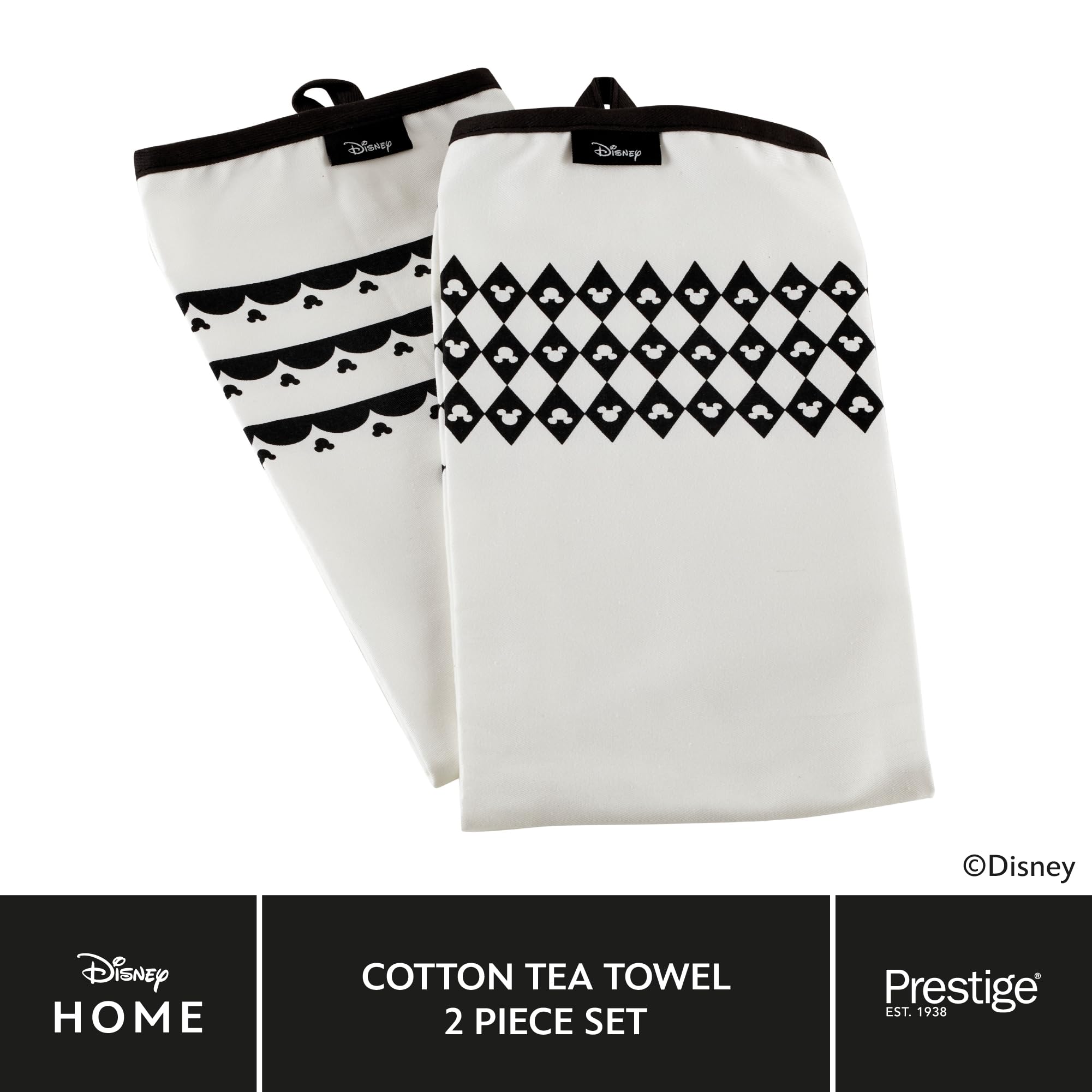 Prestige Disney - Set da cucina monocromatico in tessuto, grembiule e guanti da forno con strofinaccio, set da 2 pezzi, colore: bianco e nero