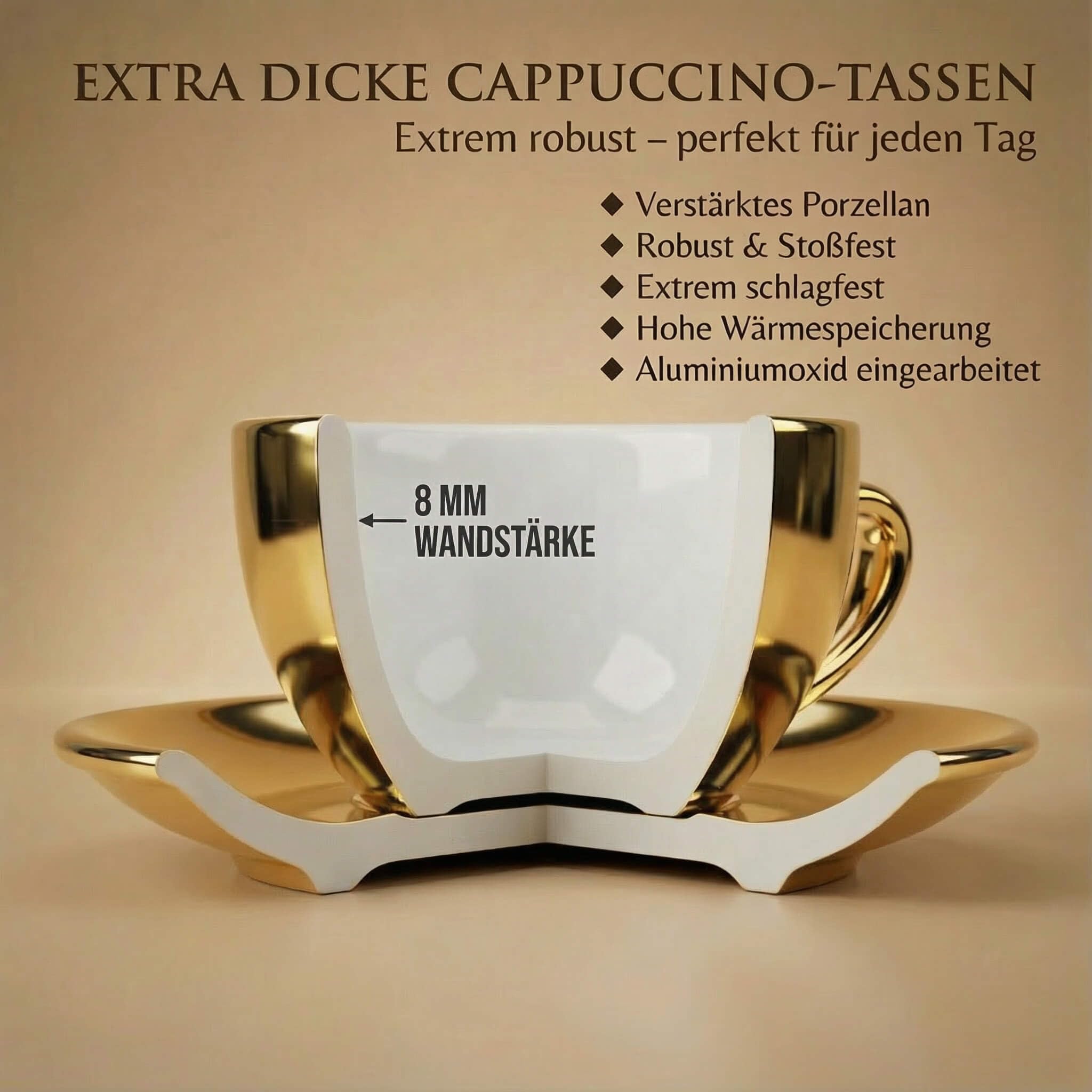 6 x filiżanka do cappuccino 200 ml | złoty - chrom | styl włoski | grube ścianki i ciężkie | zestaw 6 filiżanek do cappuccino ze spodkami - zestaw upominkowy