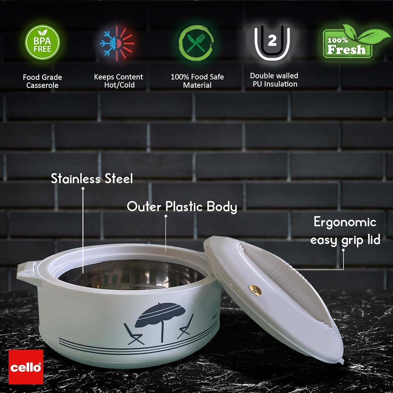 Cello Chef Super 3 pcs Insulated Hot Pot Casserole Gift Set 423ml, 784ml, 1250ml (White)