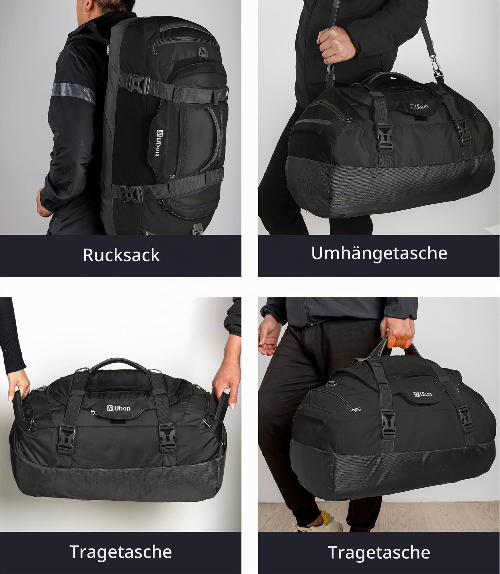 Ubon Faltbare Reisetasche Wasserdicht Sporttasche Groß mit Fach Schwarz 65L