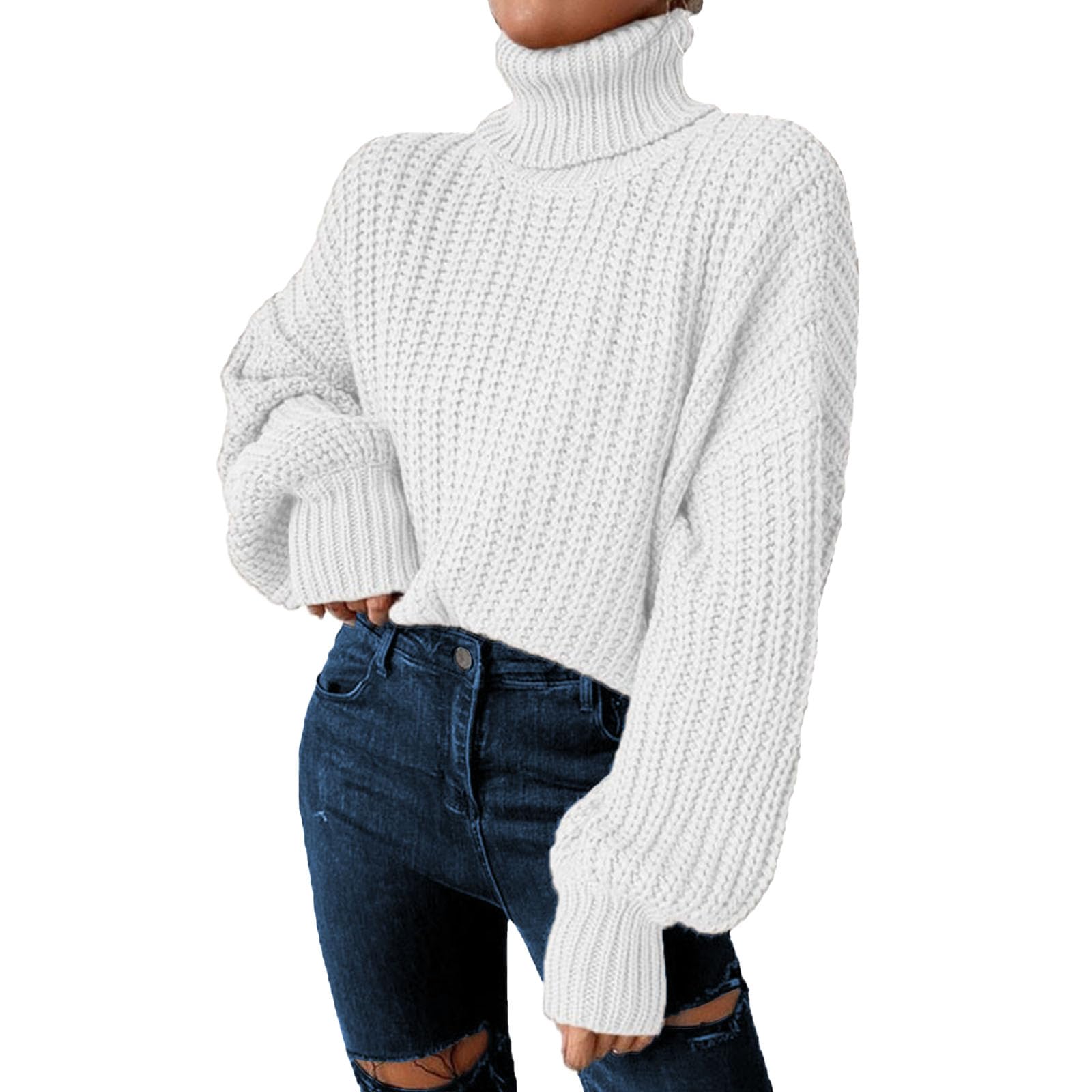 Womens Cropped Turtleneck Lantern Long Sleeve Sweater Ribbed Knit Pullover Tops Short Trendy Light Fall Sweaters