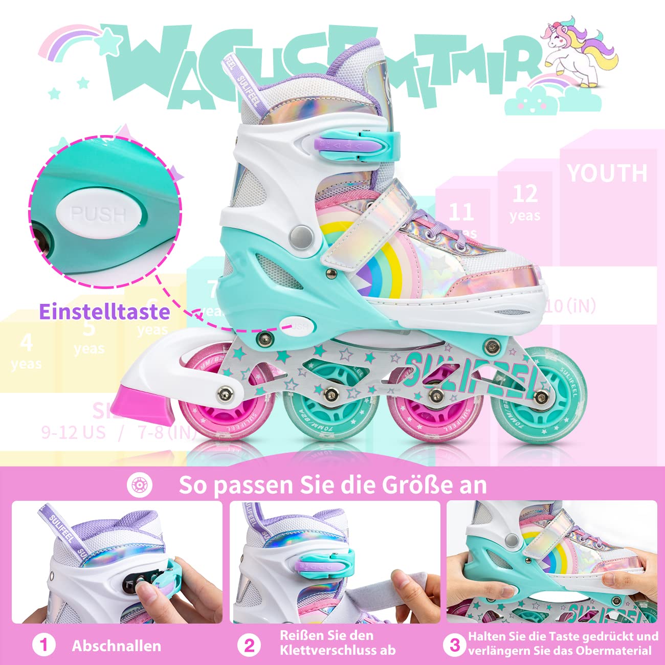 SULIFEEL Pattini in linea luminosi regolabili con unicorno arcobaleno per bambini, ragazze e ragazzi, pattini per principianti con ruote illuminate