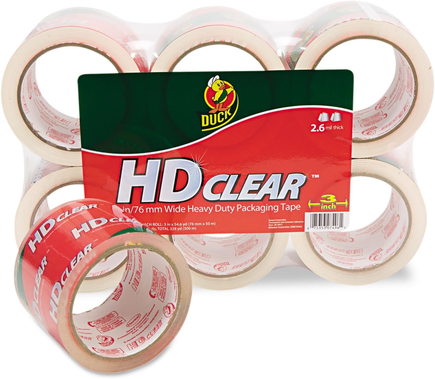 Duck HD Clear Packaging Tape, 2.6 mil, 3 Inches x 55 Yards, Clear, 6-Pack