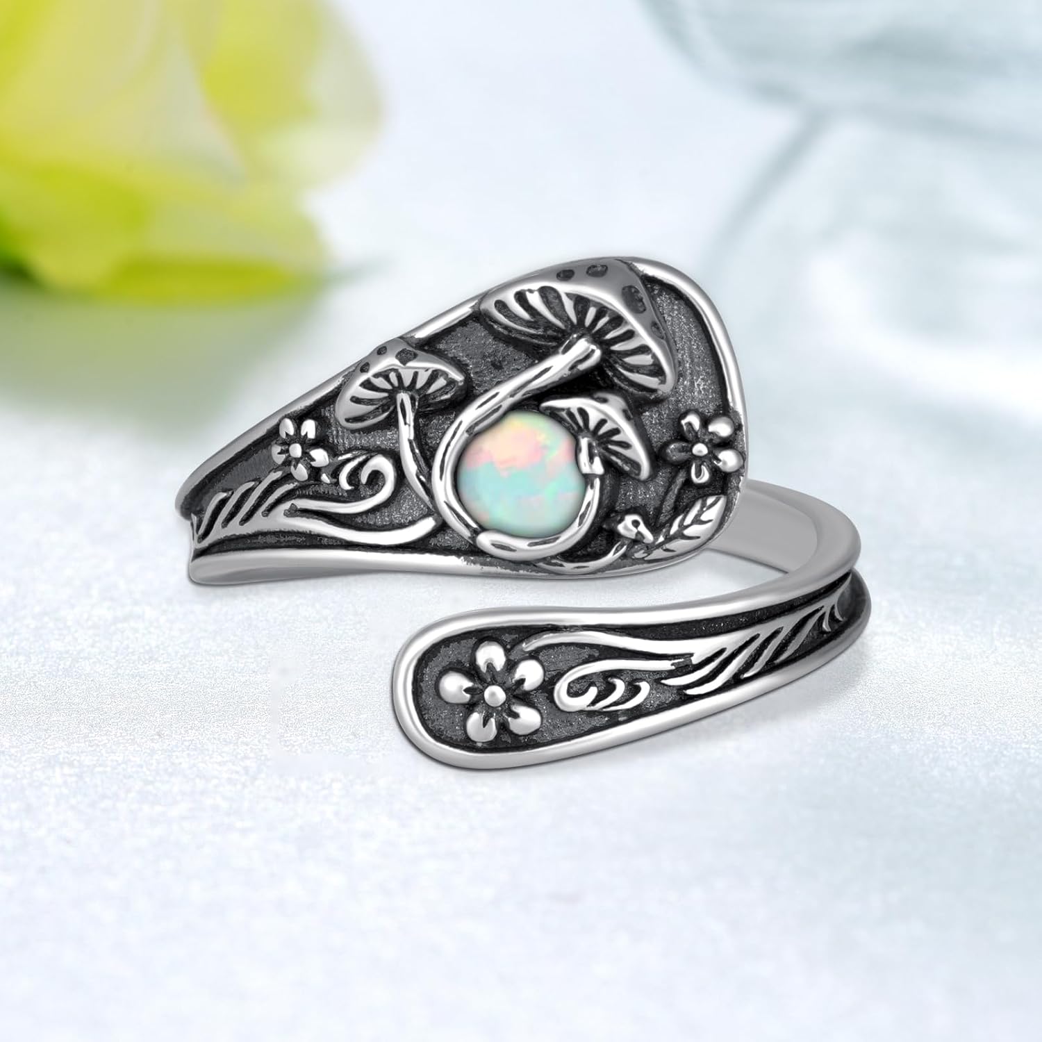 Mushroom Spoon Rings for Women Moss Agate/Moonstone/Opal/Turquoise 925 Sterling Silver Agate Mushroom Ring Vintage Thumb Ring Jewelry for Women Men - Image 2