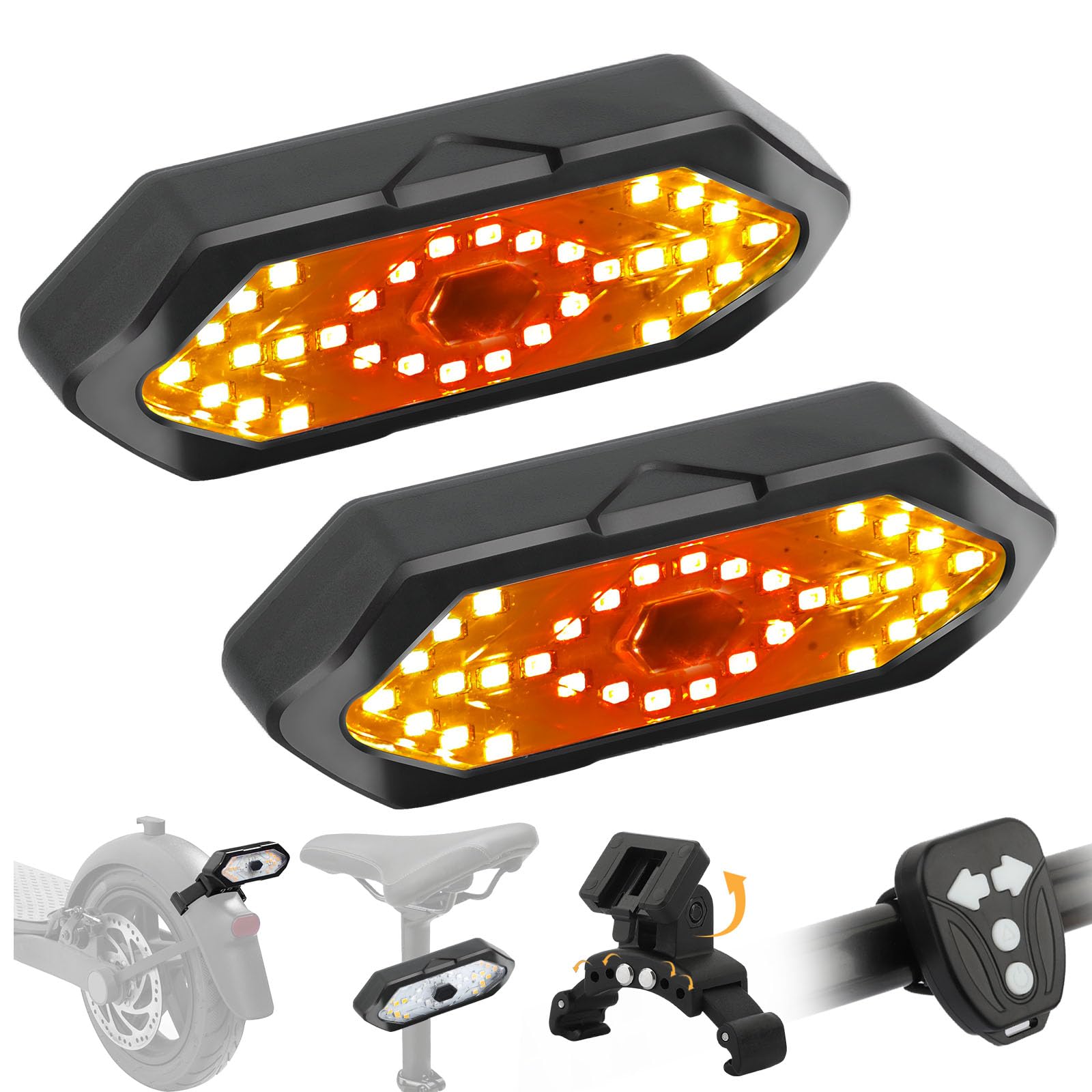 Blinker E Scooter, IPX4 USB Wiederaufladbar E Scooter Blinker mit Funkfernbedienung & Automatische Bremsanzeige & Kurvenwarnung, mit 5 Modi, Roller Zubehör für Xiaomi M365/Pro2/1S Ninebot G30/G30D