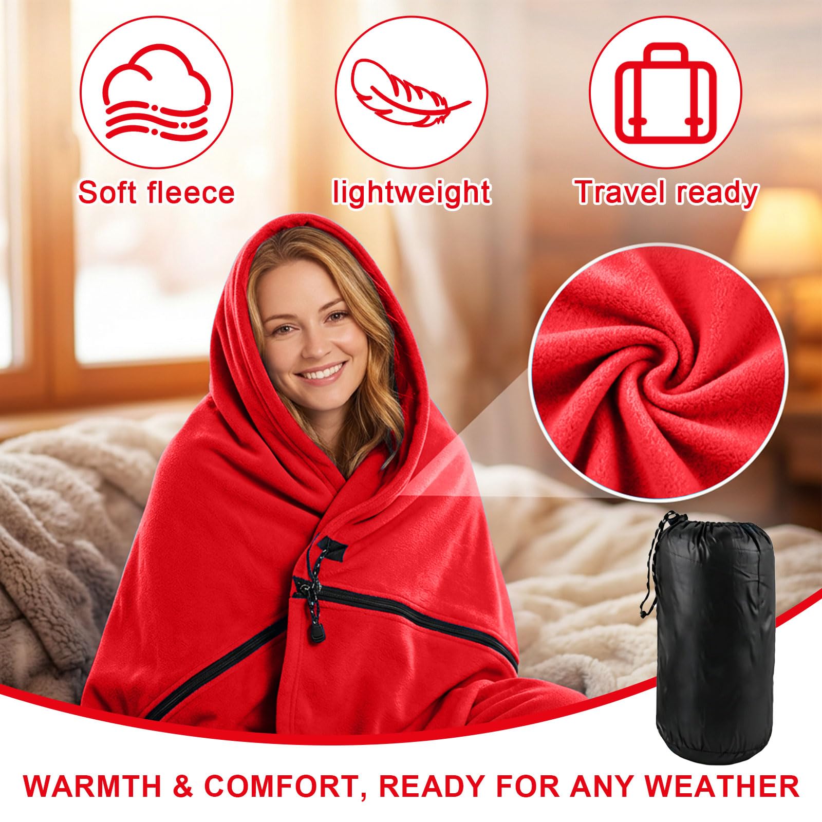 Schlafsack 180x82 cm Fleece - Hüttenschlafsack für Frühling & Sommer - 2-Wege-Reißverschluss - Koppelbar zum Doppelschlafsack - Weich Waschbar - Grau Schwarz Blau Rot
