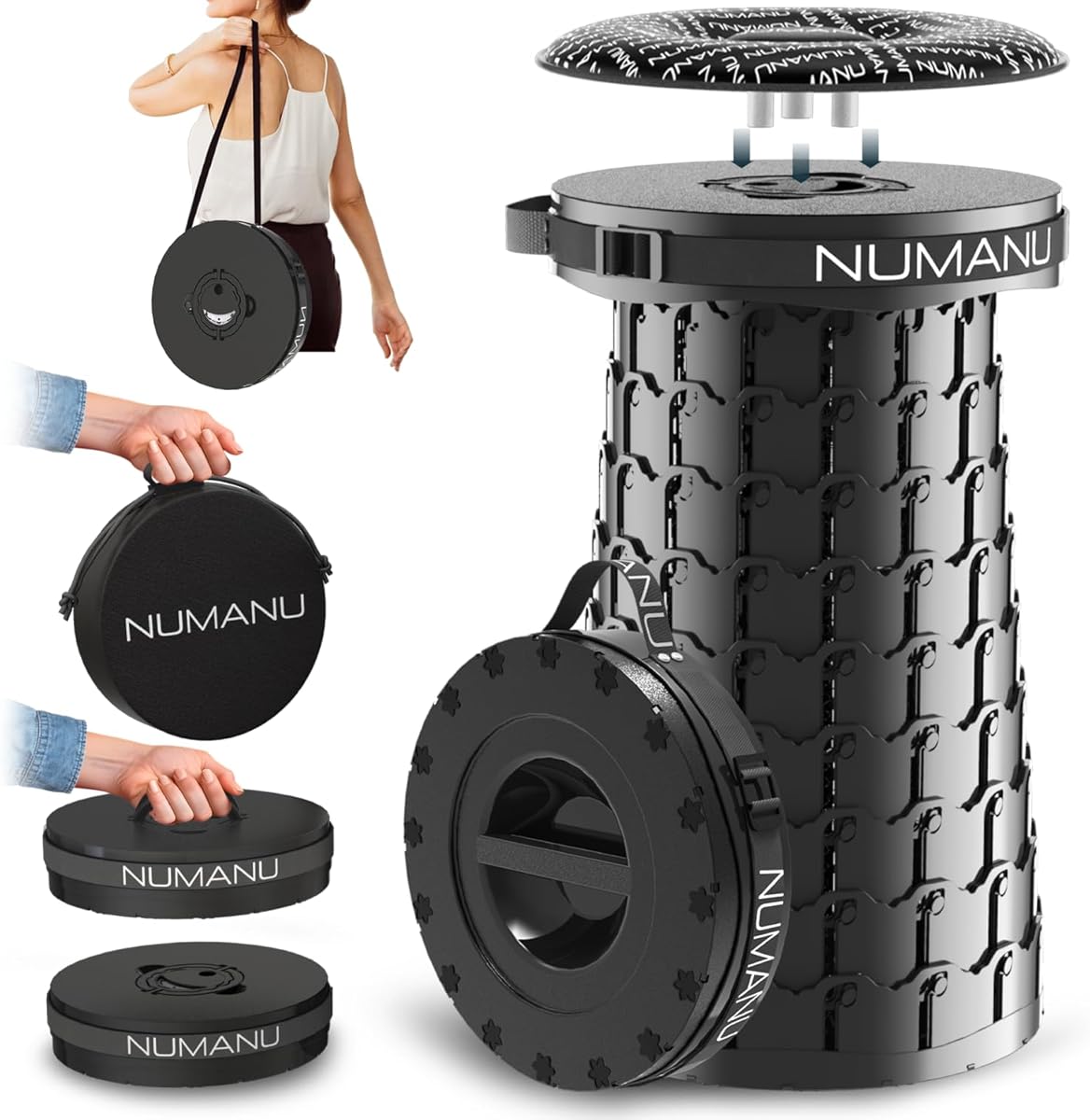 2025 Upgraded XXL 19.7" Collapsible Stool with Cushion & Carry Bag | 1000lbs Max Weight, Heavy Duty Portable Retractable Teselcopic Seat Folding Chair or Travel Footrest - Gift for Camping & Outdoors