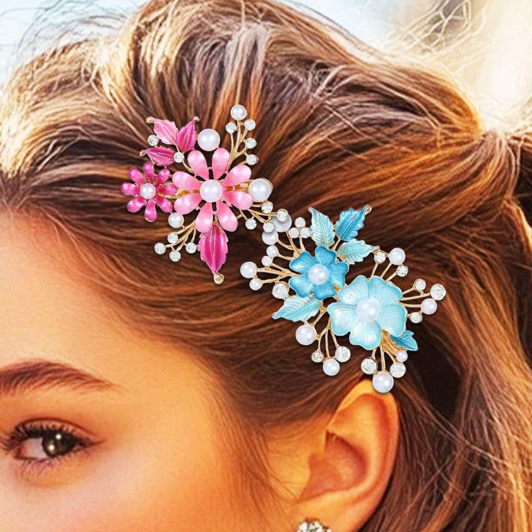 Jovono Flower Hair Barrette Clips Gold Crystal Wedding Hair Clips Pearl Hair Accessories for Women (2PCS) (Pink+Blue, One size) - Image 2