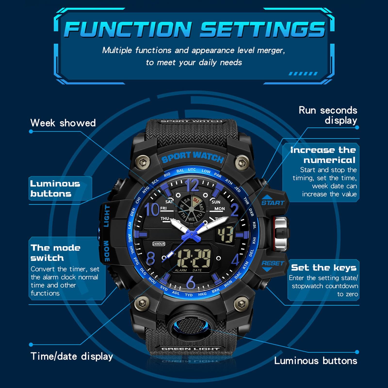 findtime Orologio militare, da uomo, digitale, sportivo, blu, verde, nero, orologio digitale, cronografo, da uomo, 5 ATM, impermeabile, militare, orologio tattico, per attività all'aperto, cronometro,