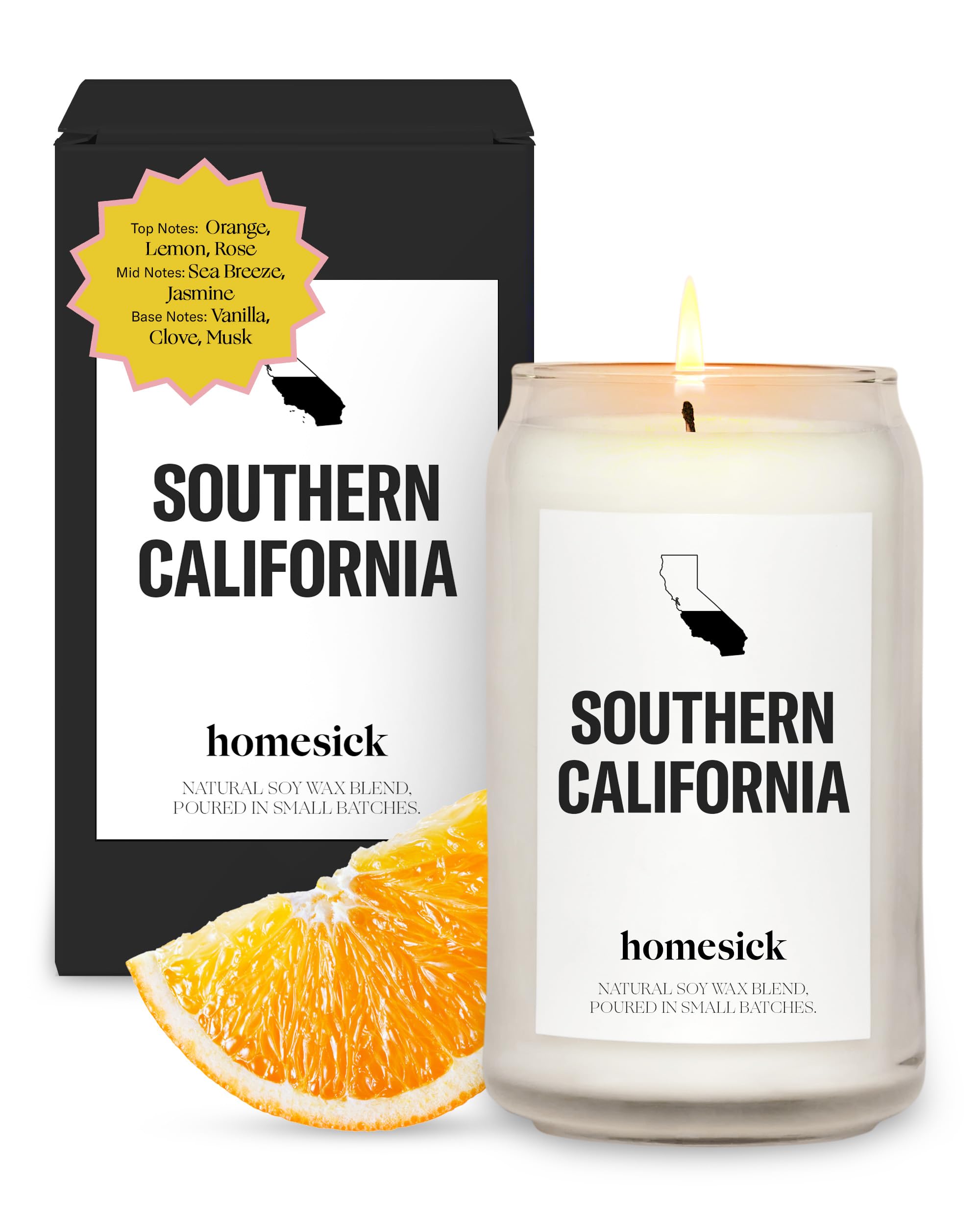 Homesick Scented Candles for Home (Southern California) - 13.75 oz Long-Lasting Soy Wax Jar Candle for Women & Men for All Occasions, 60-80 Hours Burn Time - Notes of Orange, Lemon & Rose