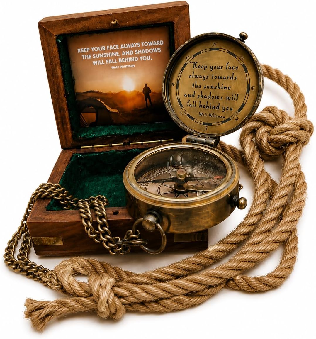 Keep Your Face Always Toward The Sunshine, and Shadows Will Fall Behind You Engraved Compass with ‎Wooden Box, Camping Compass, Graduation Day Gifts for Son, Love, Sister, Husband, Wife, Fiancé.