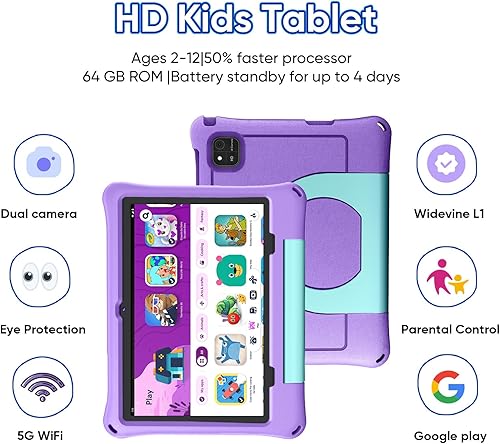 Miniatura 3 de Tablet infantil 2026, tableta Android 16 de 10 pulgadas para niños, 24 GB+64 GB, expandible a 1 TB, procesador Octa-Core, con funda protectora EVA,