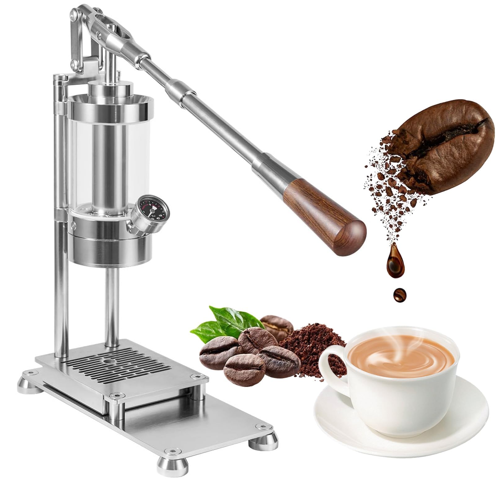 Cafetera portátil de palanca manual de acero inoxidable prensado a mano con presión de 1 a 16 bar, mango de madera maciza, portafiltro de 58 mm para capuchino, café con leche y macchiato