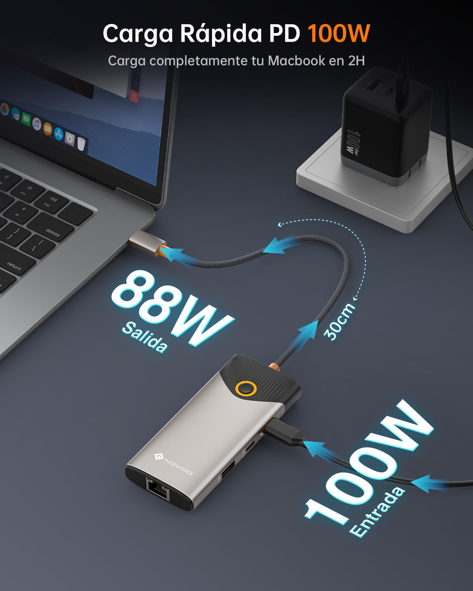 NOVOO USB C Hub, 7-en-1 Dock con HDMI 4K@60Hz, 1Gbps Ethernet, 100W PD Carga, Puertos USB-A/C 5Gbps, Estación Docking Compatible para MacBook, iPad, iPhone, DELL, HP, Surface